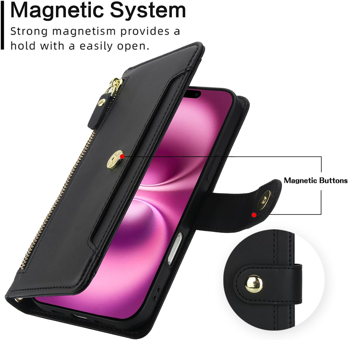 Asuwish Phone Case for iPhone 17 6.3 inch Zipper Wallet Cell Cover, with Tempered Glass Screen Protector and Crossbody Wrist Strap, Kickstand Credit Card Holder i Phone17 i17 17Case Women Girls Black