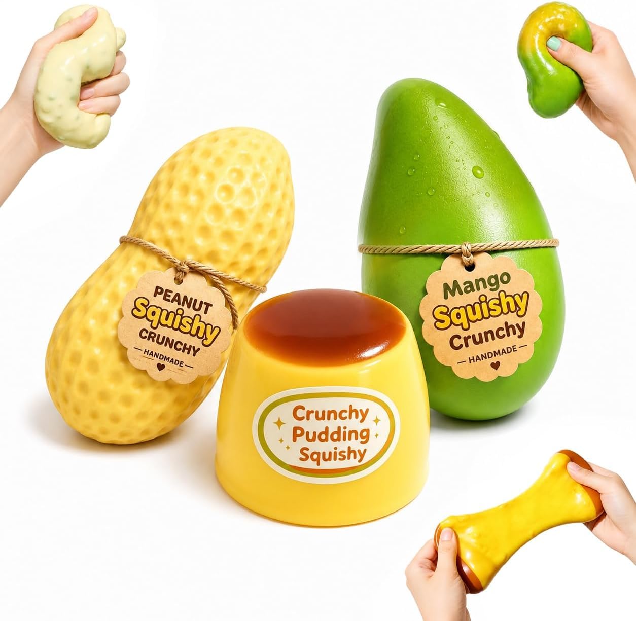 3PCS Crunchy Squishy Slow Crunchy Squishies Squeeze Stress Ball Butter Mango Peanut Soap Pudding Starch Filled, Stress Stick Rebound Calming Desk Decor Moldable Adults Party Favors