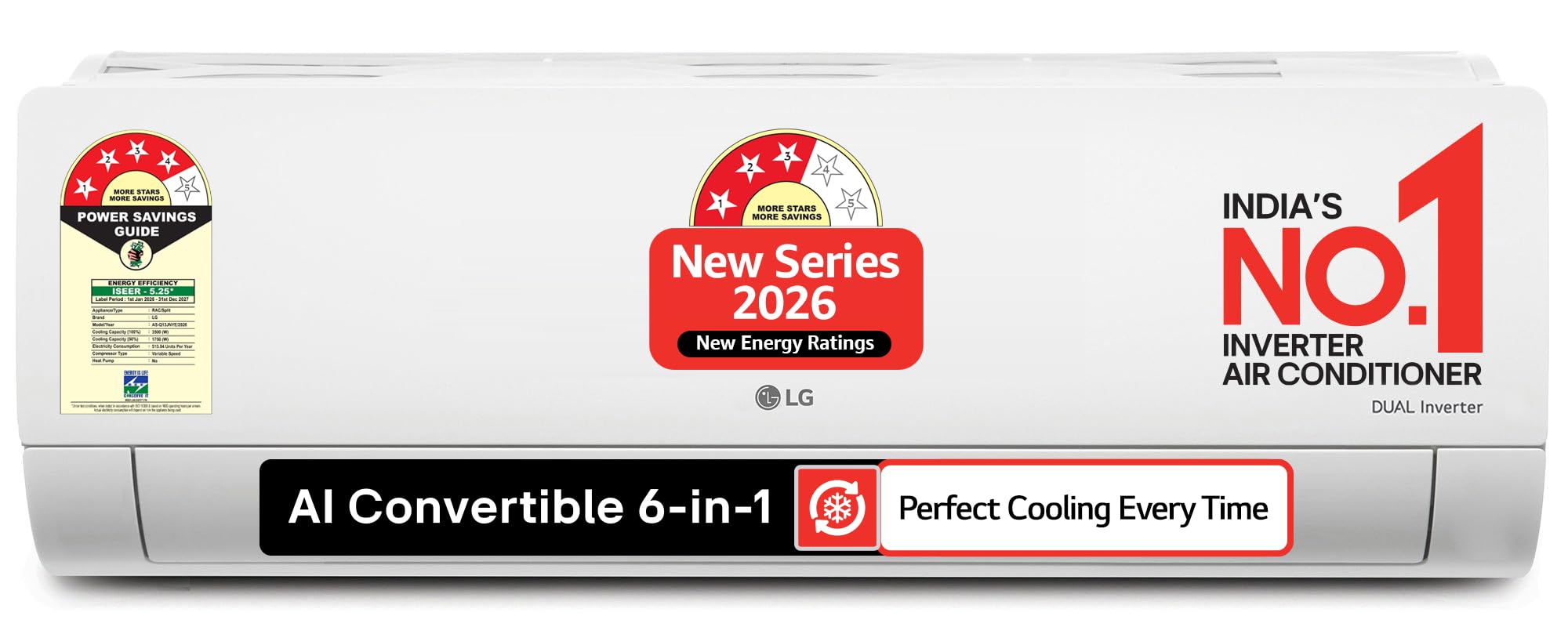 LG 1 Ton 4 Star DUAL Inverter Split AC (Copper, AI Convertible 6-in-1 Cooling, Faster Cooling & Energy Saving, 4 Way Swing, HD Filter with Anti-Virus Protection, 2026 Model, AS-Q13JNYE, White)