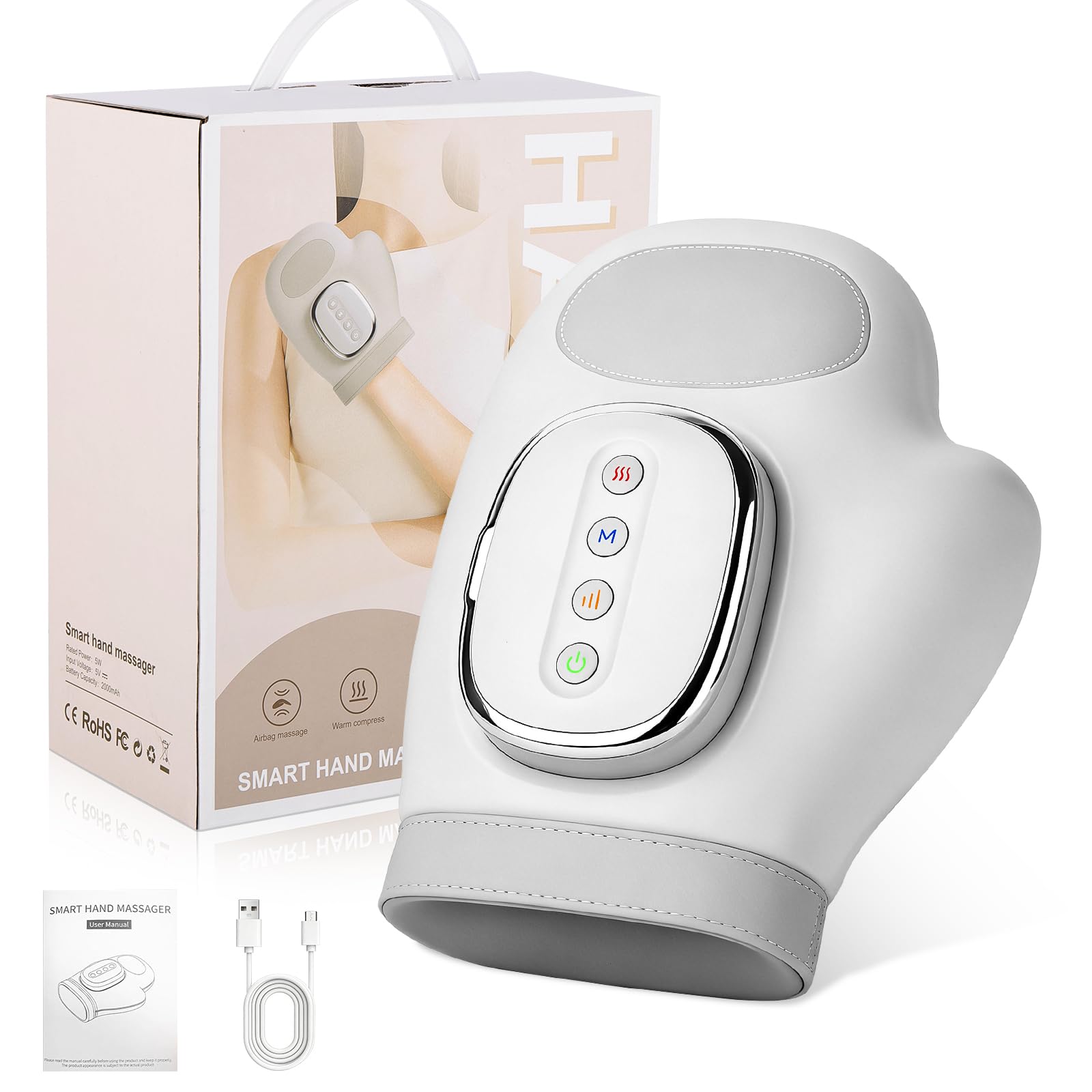 Massaggiatore per Palmo e Dita con Calore e Compressione d’Aria, 3 Modalità + 3 Intensità, Rilassamento per Artrite e Tunnel Carpale, Batteria 2500mAh, Silenzioso (<50dB), per Mani, Polsi e Dita