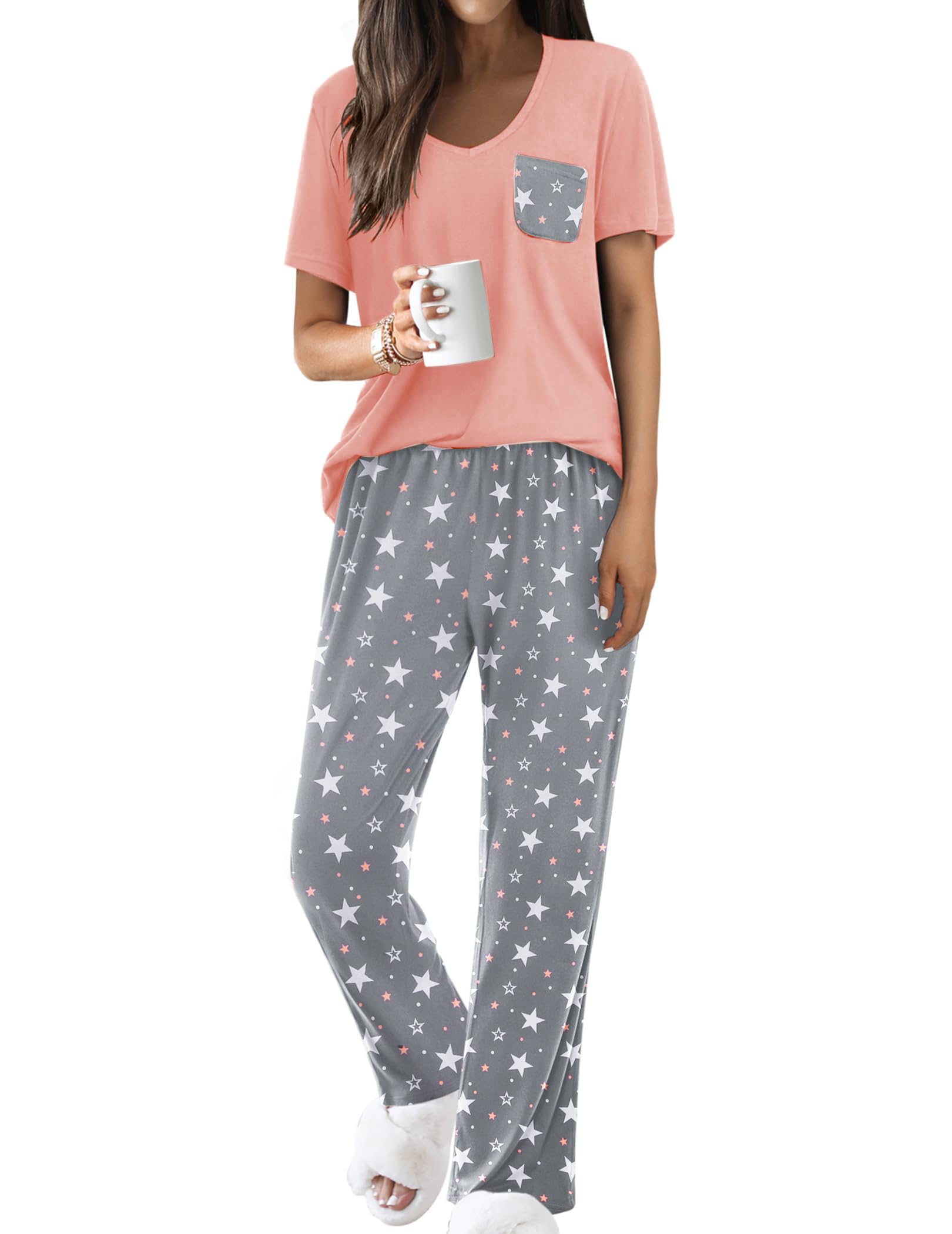 Famulily Women's Pyjama Sets Two Piece Summer Outfits V-Neck Loungewear Tops and Loose Fit...