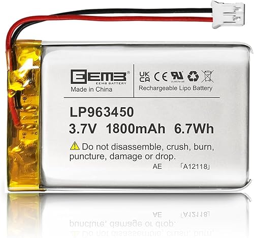 EEMB Batería de iones de litio de 3.7 V 1800 mAh 963450 recargable de 3.7 voltios Lipo con conector JST de cable para altavoz y cámara de