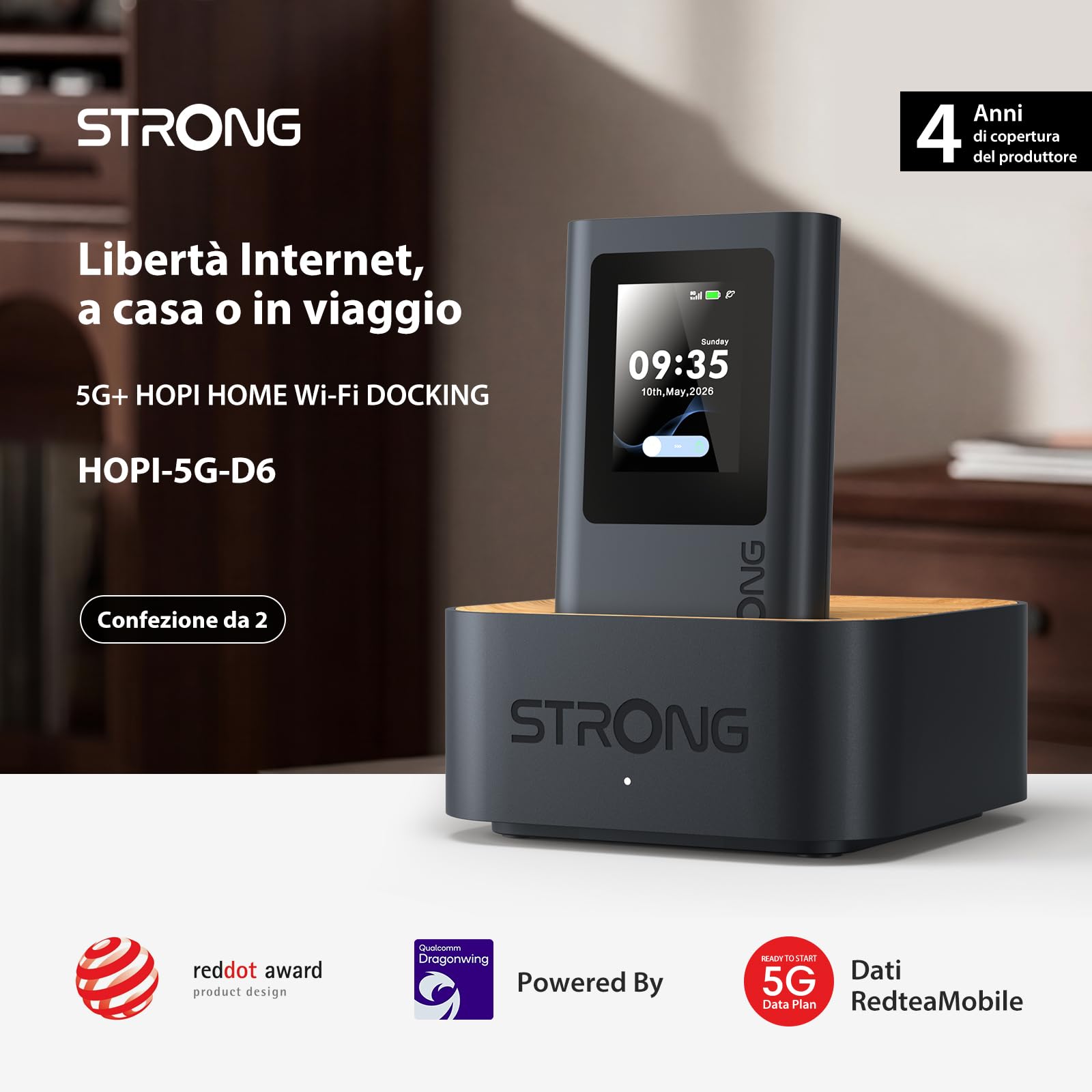 STRONG 5G+ HOPI Router 5G Portatile Senza SIM Fisica, WiFi 6 AX3000 Dock