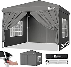 Gazebo 3 x 3 Waterproof Stable Winterproof with 4 Side Walls, Folding Gazebo 3 x 3 m with Thickened Tubes, Party Tent, Garden Gazebo, Folding Tent for Camping, Festival, Party (Grey)