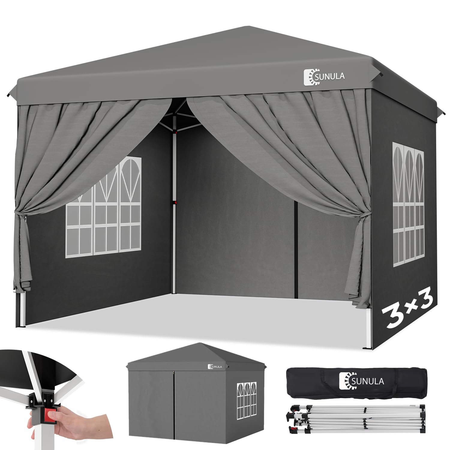 Sunula Pavillon 3x3 Wasserdicht Stabil Winterfest mit 4 Seitenwänden - 2026 Version, Faltpavillon 3x3m mit Verdickten Röhren, Partyzelt Gartenpavillon Faltzelt (Grau)