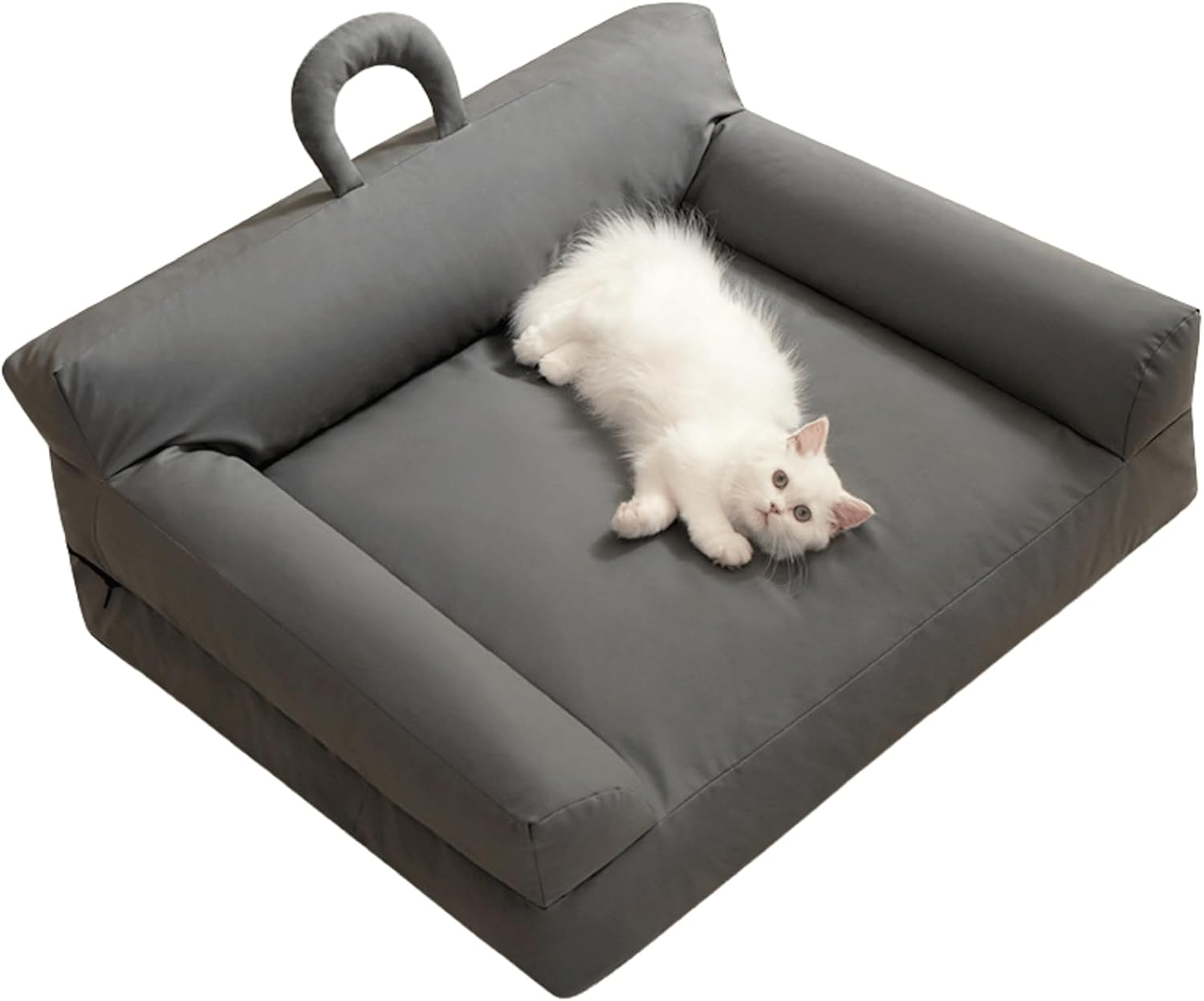 Pet Sofa Bed, Vintage Cat Puppy Faux Leather Couch with Non-Slip Bottom and Handle for Cats or Small Medium Dog Chair, Detachable and Washable, Waterproof Cat Sofa Bed (Grey,Medium)