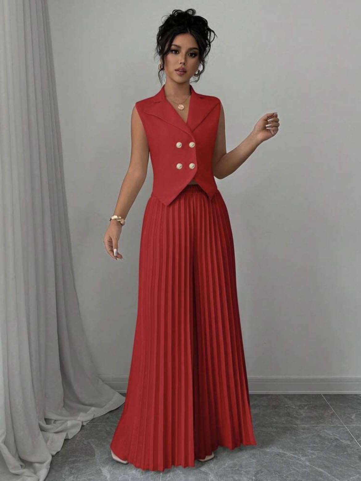 Ensemble Femme Ensemble Deux Pièces Pour Femme Blazer Court Sans Manches Et Jupe-Pantalon Plissée Élégant Tailleur Croisé Assorti Idéal Pour Le Bureau Un Mariage Ou Une Soirée