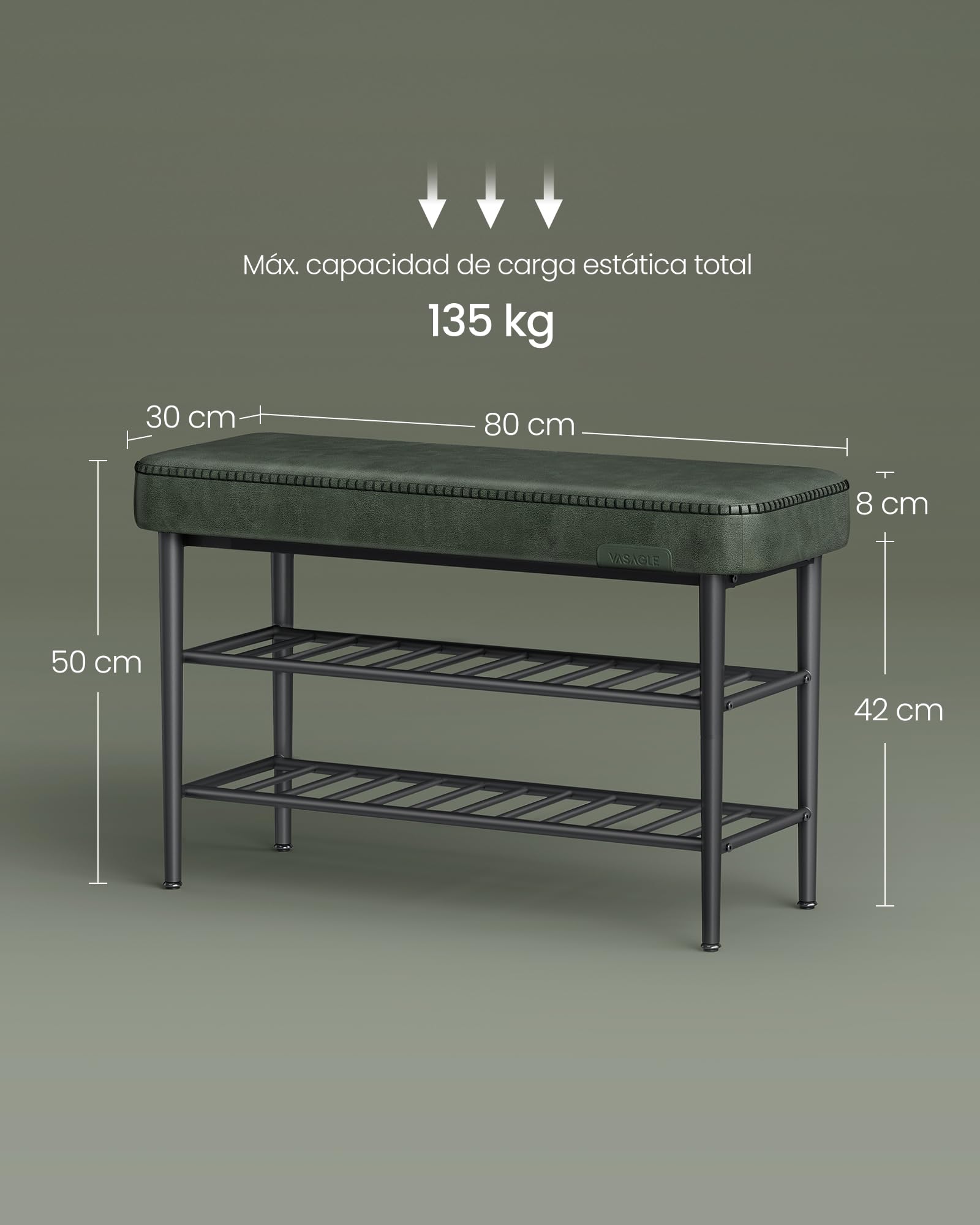 VASAGLE Banco Zapatero, Piel Sintética, Carga 135 kg, 30 x 80 x 50 cm | Banco de Almacenaje, Zapatero de Entrada, Con Costuras, Moderno de Siglo Mediados, Verde Bosque, EKHO Colección LSB054C01