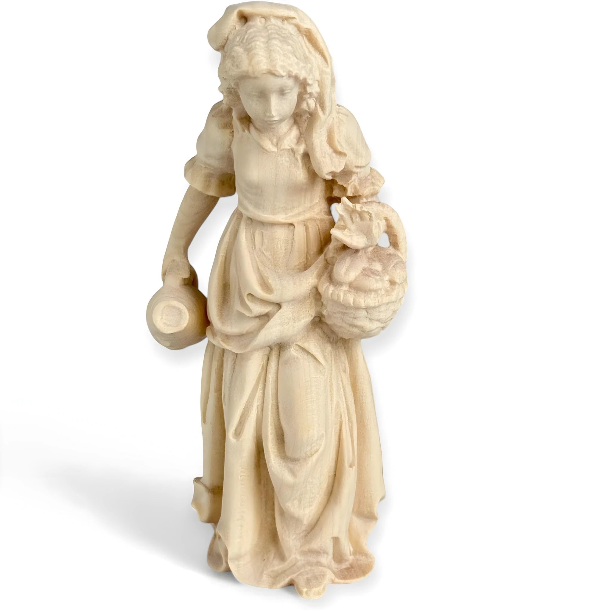 Pastora con jarra de agua y cesta de fruta de madera 18 cm | Madera pintada a mano en Val Gardena | Belén y Natividad