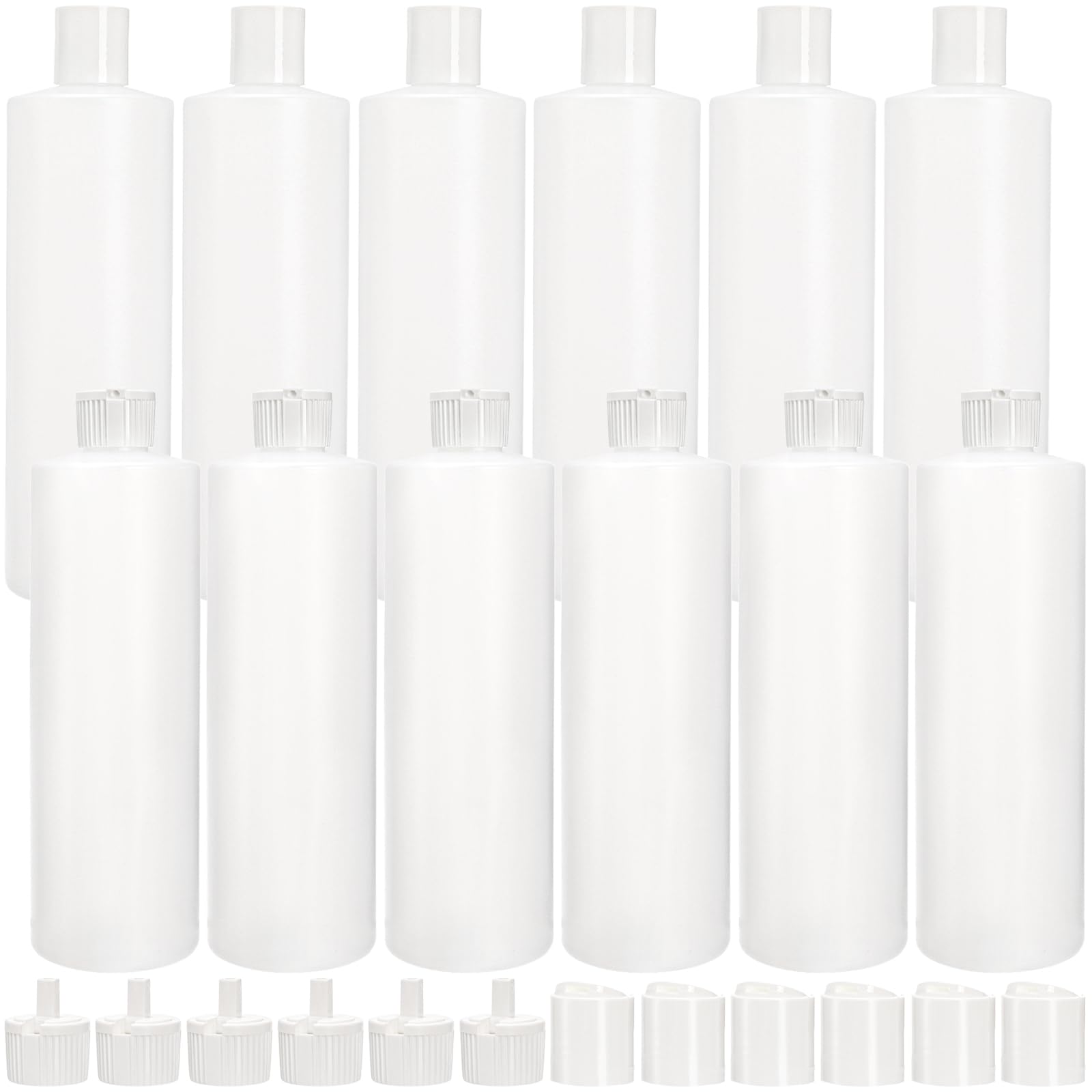 Bekith 12 Pack 16oz Plastic Squeeze Bottle with 24 Caps in 2 Styles, Refillable Plastic Bottles for Shampoo, Lotions, Liquid Body Wash, Sauce, BPA Free