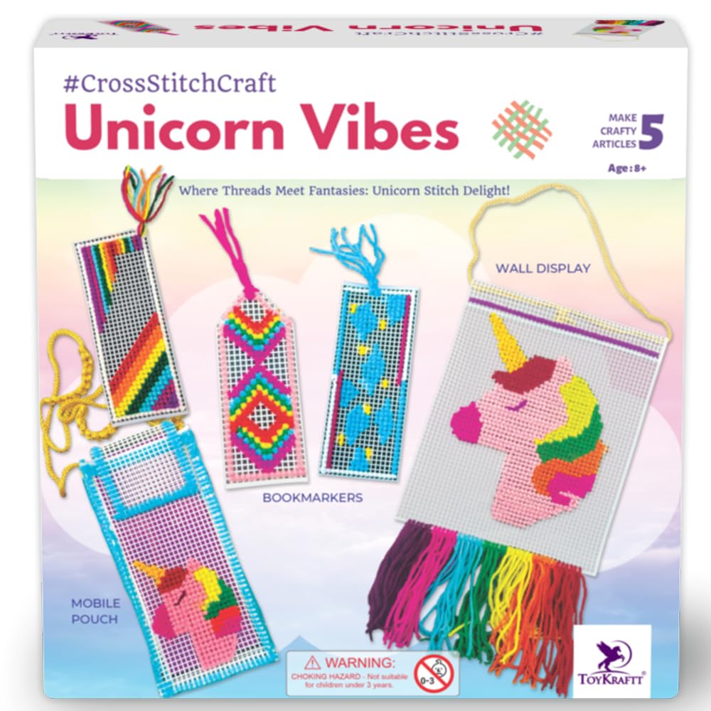 Unicorn Cross Stitch & Embroidery Kit for Kids – Unicorn Vibes. DIY Sewing & Stitching Art Set for Girls Ages 7-12 – Make 5 Projects, Best Birthday and Return Gift