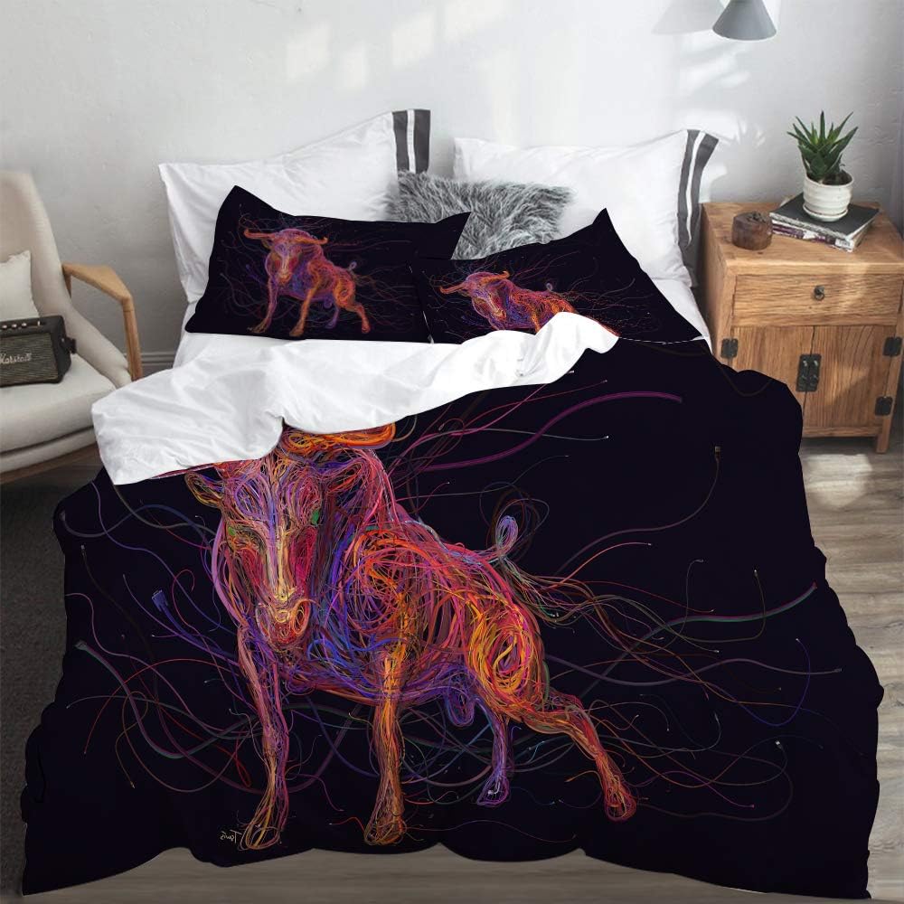 LASINSU Funda De Edredón,Animales Coloridos del Arte Digital del Toro,3 Pcs Ropa de Cama Funda Nórdica Sábana Bajera (220 * 240CM)