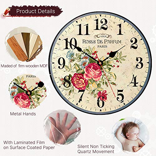 Vikmari 14 Inch Wooden Wall Clock Vintage Parfum Roses Style For Kitchen Office Home Silent Non-Ticking Art Hanging Clock Arabic Numerals Battery Operated Indoor Wall Clocks #TOP1