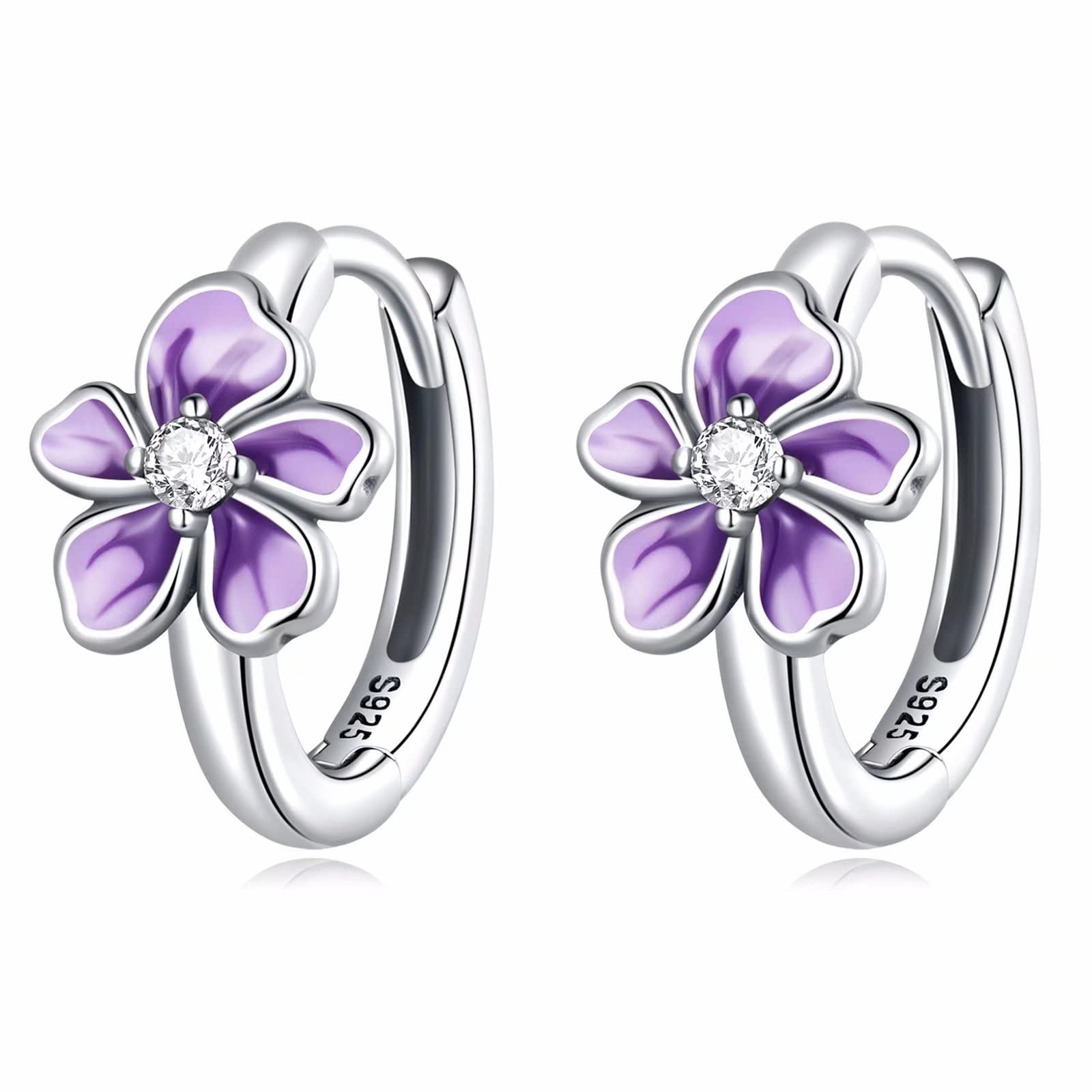 Qings Flower Small Hoop Earrings for Women, S925 Sterling Silver Hypoallergenic Huggie Hoop Earrings Purple Fresh Flower Earrings Jewelry Gifts for