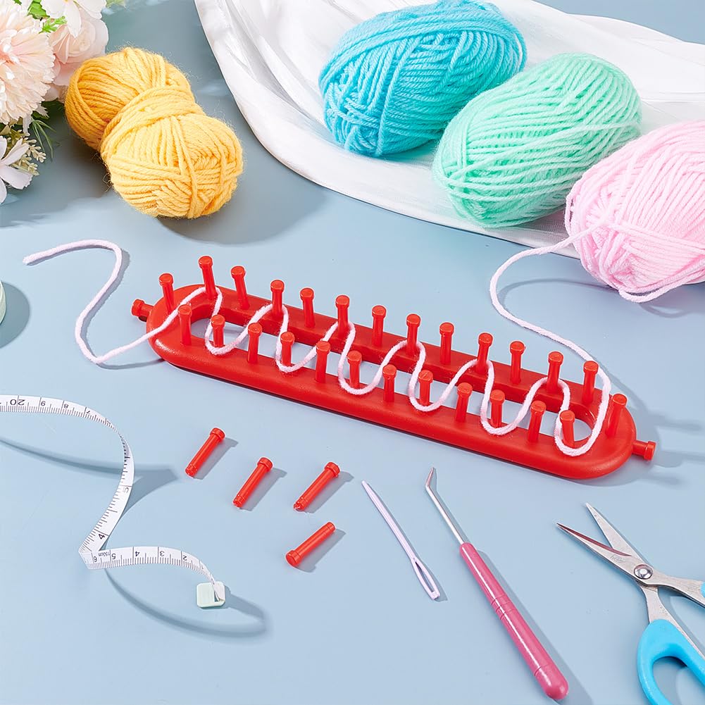 HOBBIESAY Telar largo de tejer de 26 cm, tejedor de ganchillo, telar rectangular, kit de tejer con aguja de gancho, color rojo, para principiantes, bufanda, suéter, chal, mantas, kit de puntos
