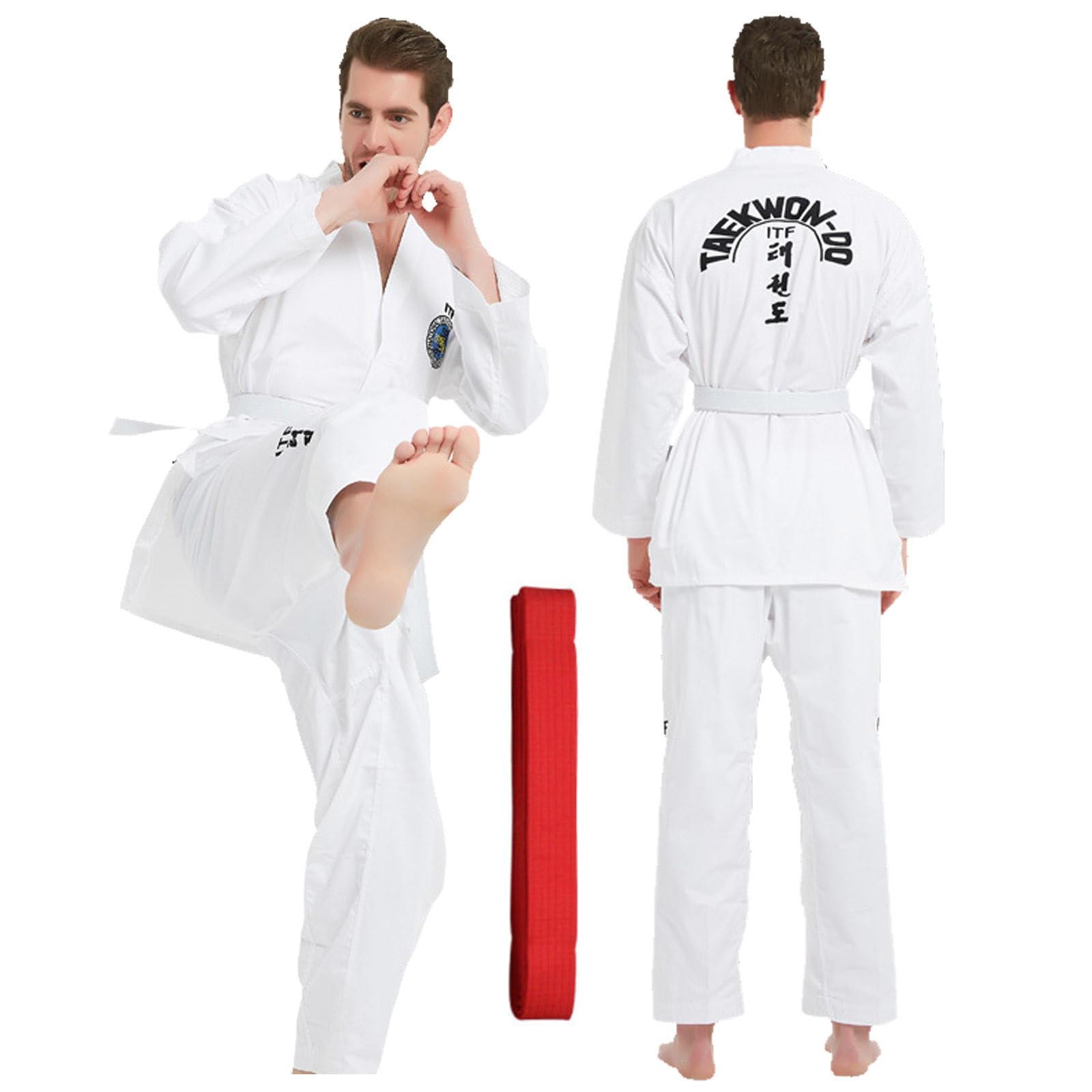 CHUIKUAJ Karate Gi per Uomo, Donna e Bambino, Uniforme da Taekwondo Professionale con Ricamo, Uniforme da Allenamento/Sparring per Studenti con Ricamo in Policotone e Cintura Rossa,White-180