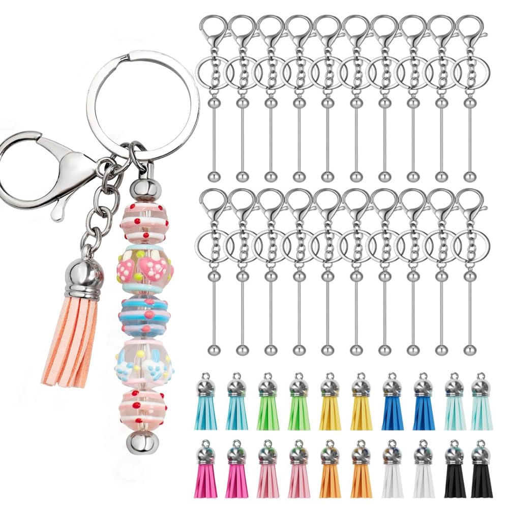 IJSDNVJNDX DIY Blank Beaded Keychain with Strips-40Pcs Beadable Keychains Bars and Colorful Leather Tassel Loose for DIY Projects