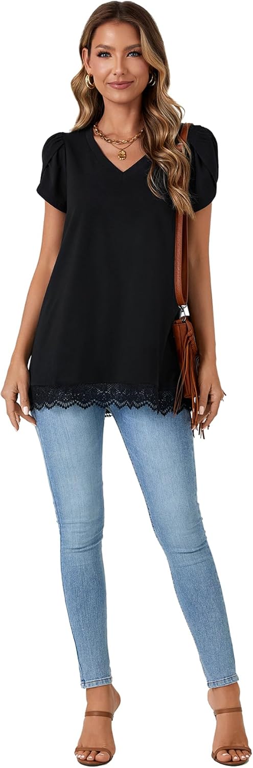 LYANER Women's Casual V Neck Lace Hem Short Sleeve Flowy Blouse Tunic T-Shirt Tee Top - Image 6