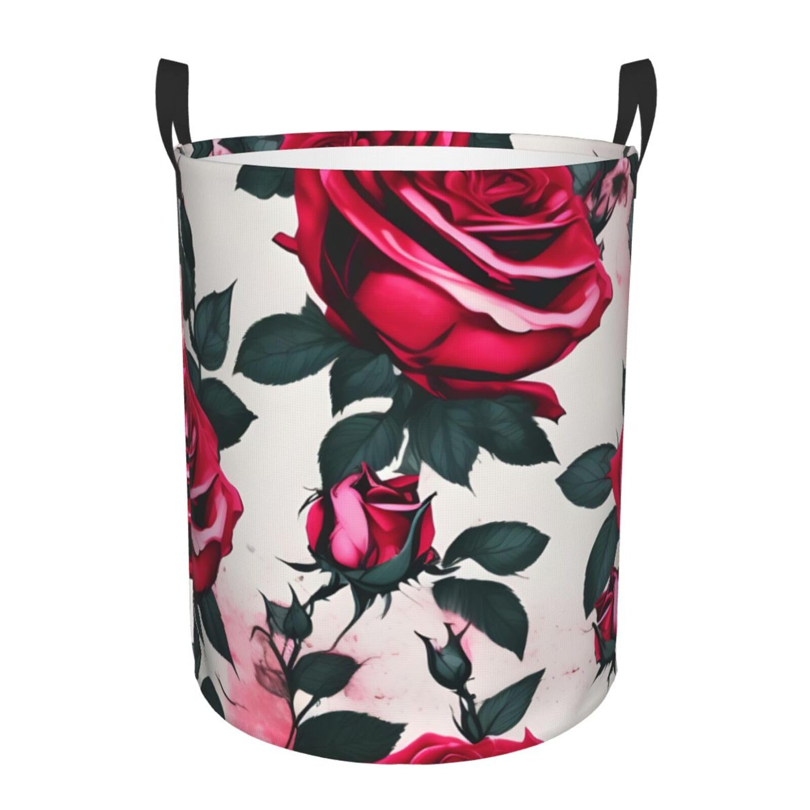 S Collapsible Round Blossoming Rose Flowers Print Laundry Hamper