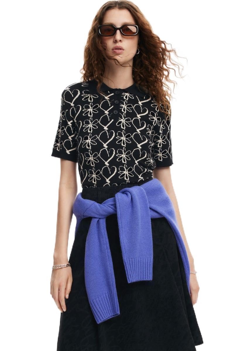 Desigual Camiseta de Manga Corta de Punto para Mujer, Negro, L