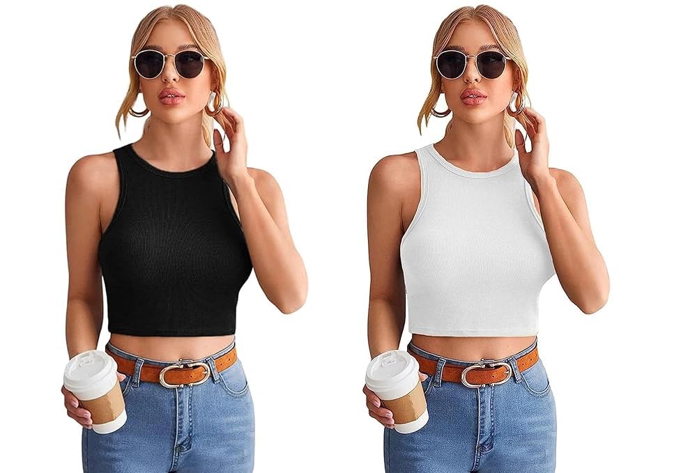 PINOVO Women's & Girl's Plain Black & White Tank Tops Crop Top (Set of 2)