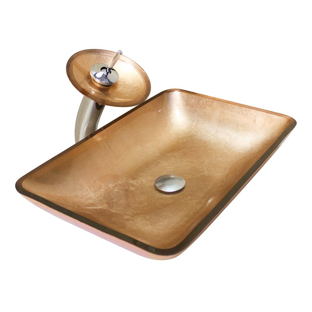 Vasque en verre trempé marron HomeLava avec robinet cascade pour salle de bain