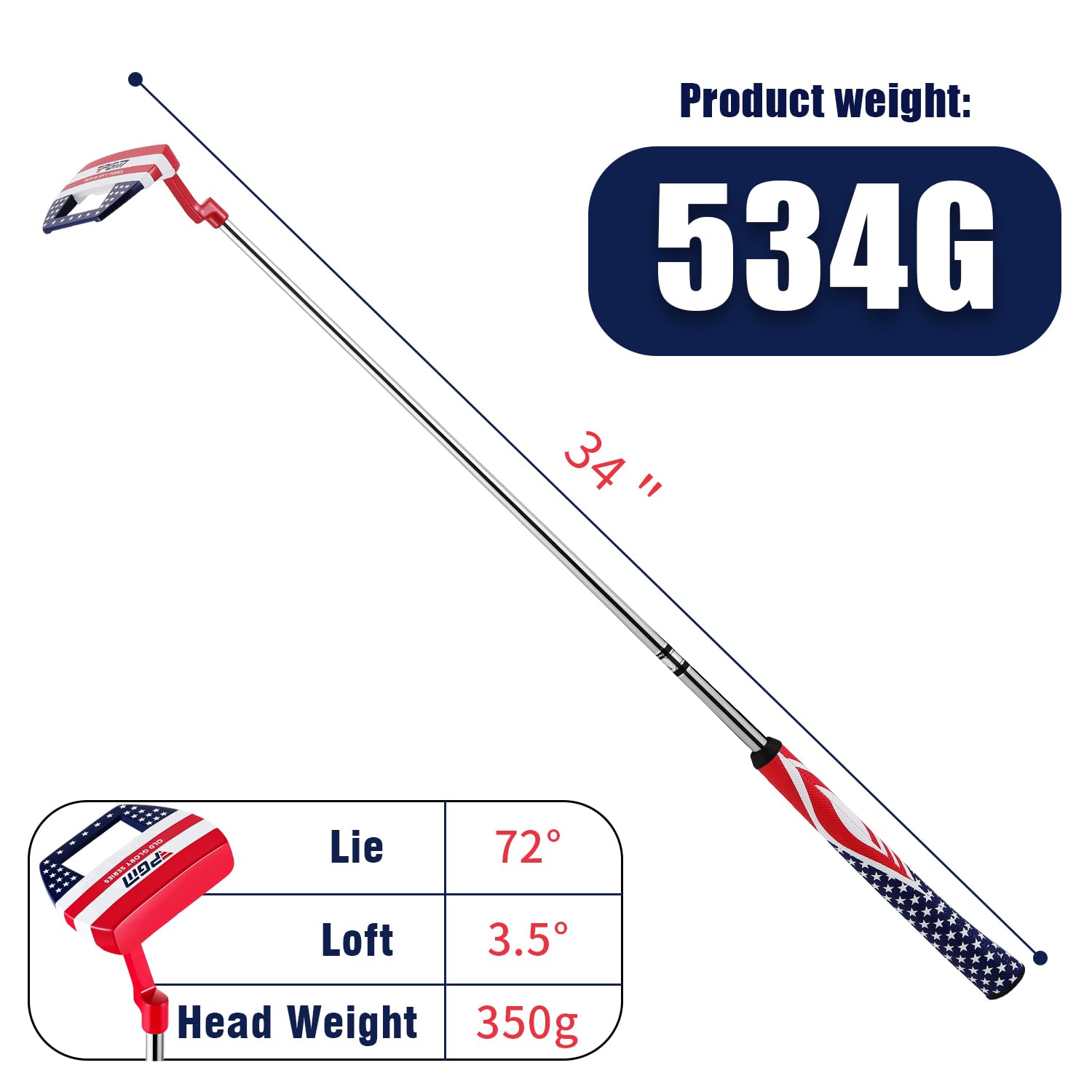PGM 34 Zoll Golf Mallet Putter für Rechtshänder Männer und Frauen | Übergroßer Putter, niedriger Schwerpunkt, Edelstahlschaft, ausgewogene Gewichtsverteilung, ergonomischer Gummigriff
