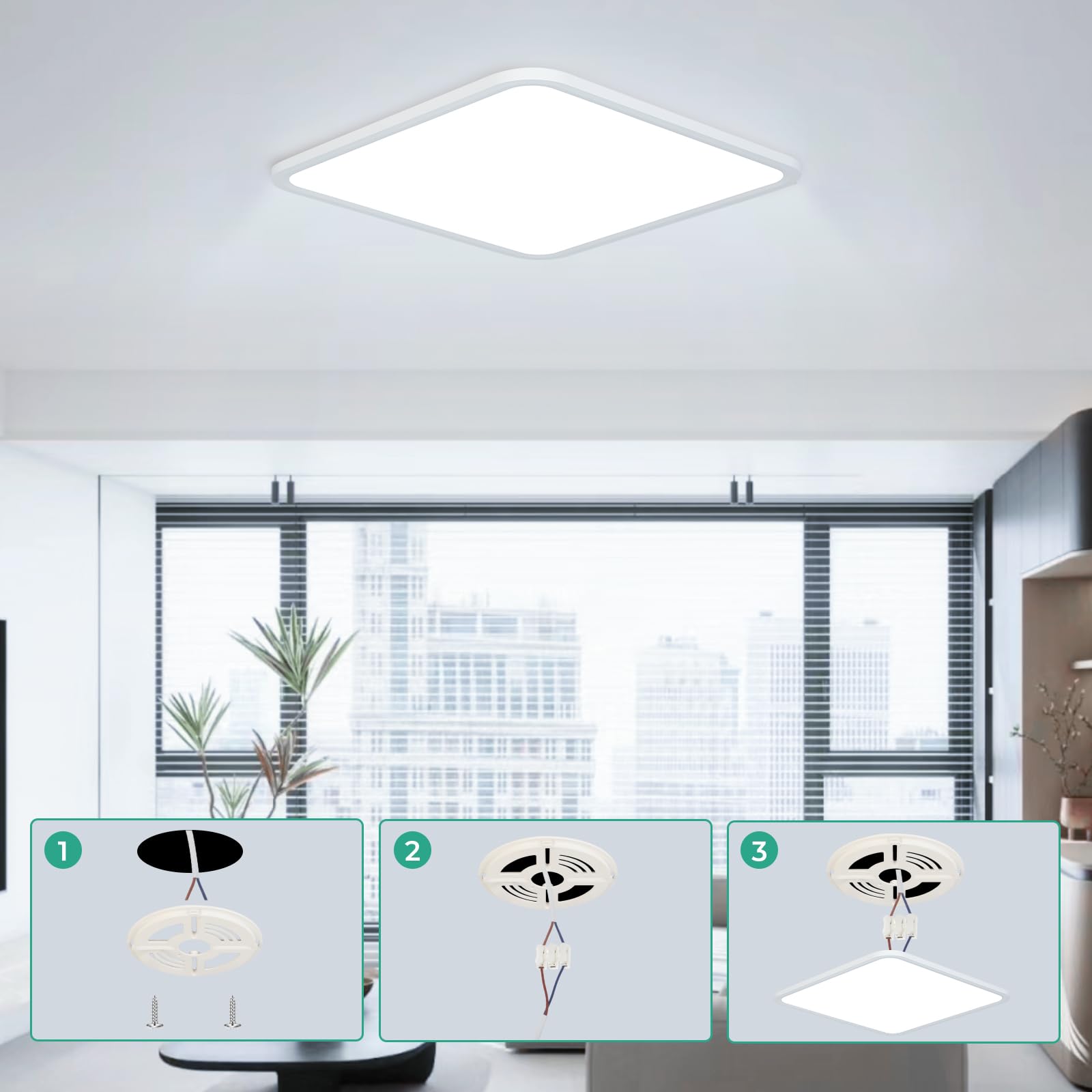 Plafonnier LED 40CM, 42W Carré Lampes de Plafond Moderne 6500K, 4800LM Luminaire Plafonnier Étanche IP44 pour Chambre, Salle De Bain, Salon, Cuisine, Bureau