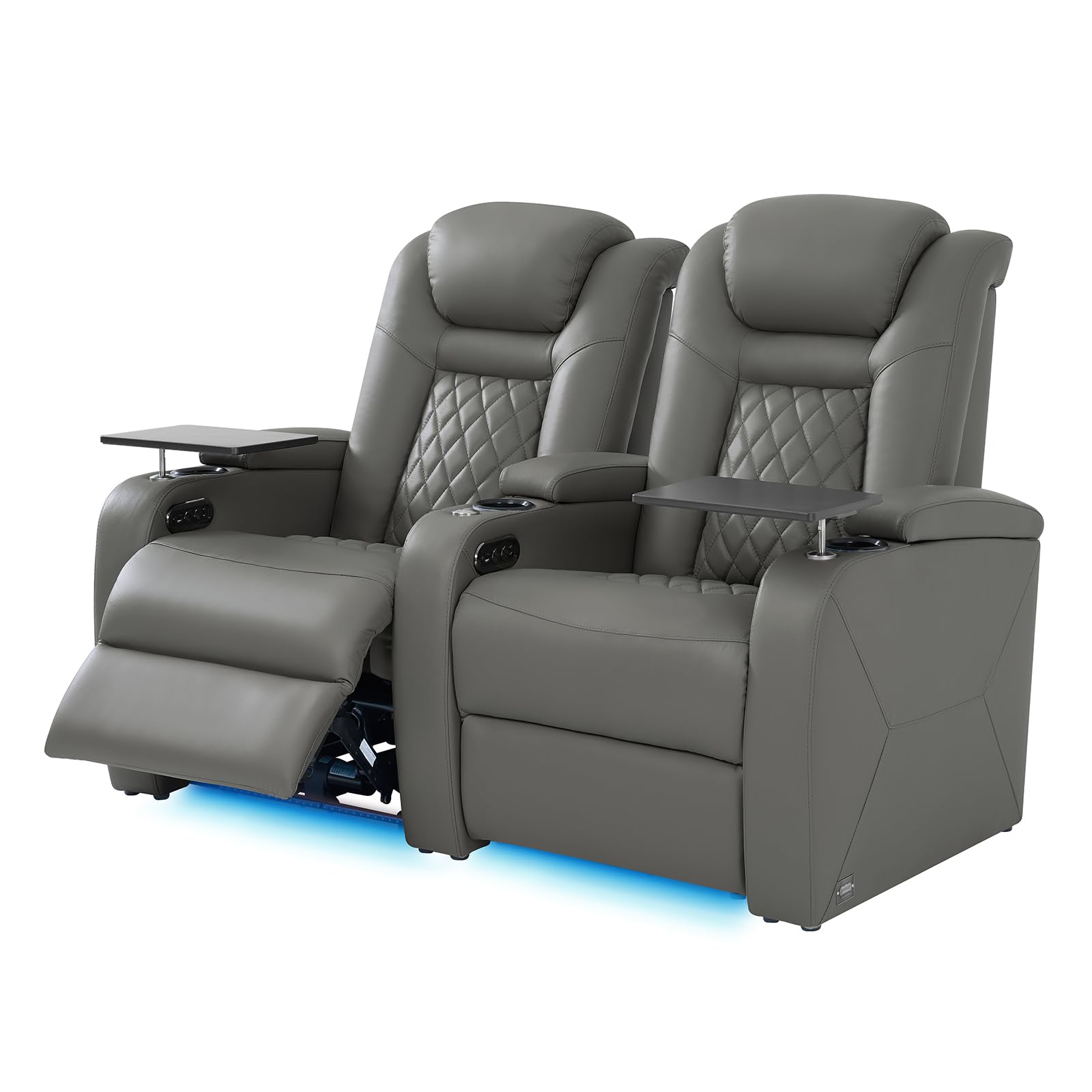 Home Theater Seating, Classic Series Leather Movie Theater Chairs, Power Headrest and Memory with C-Type USB Charger, 7-Color Ambient Lighting and Tray Table, Gray Power Adjustable Recliner(Row of 2)