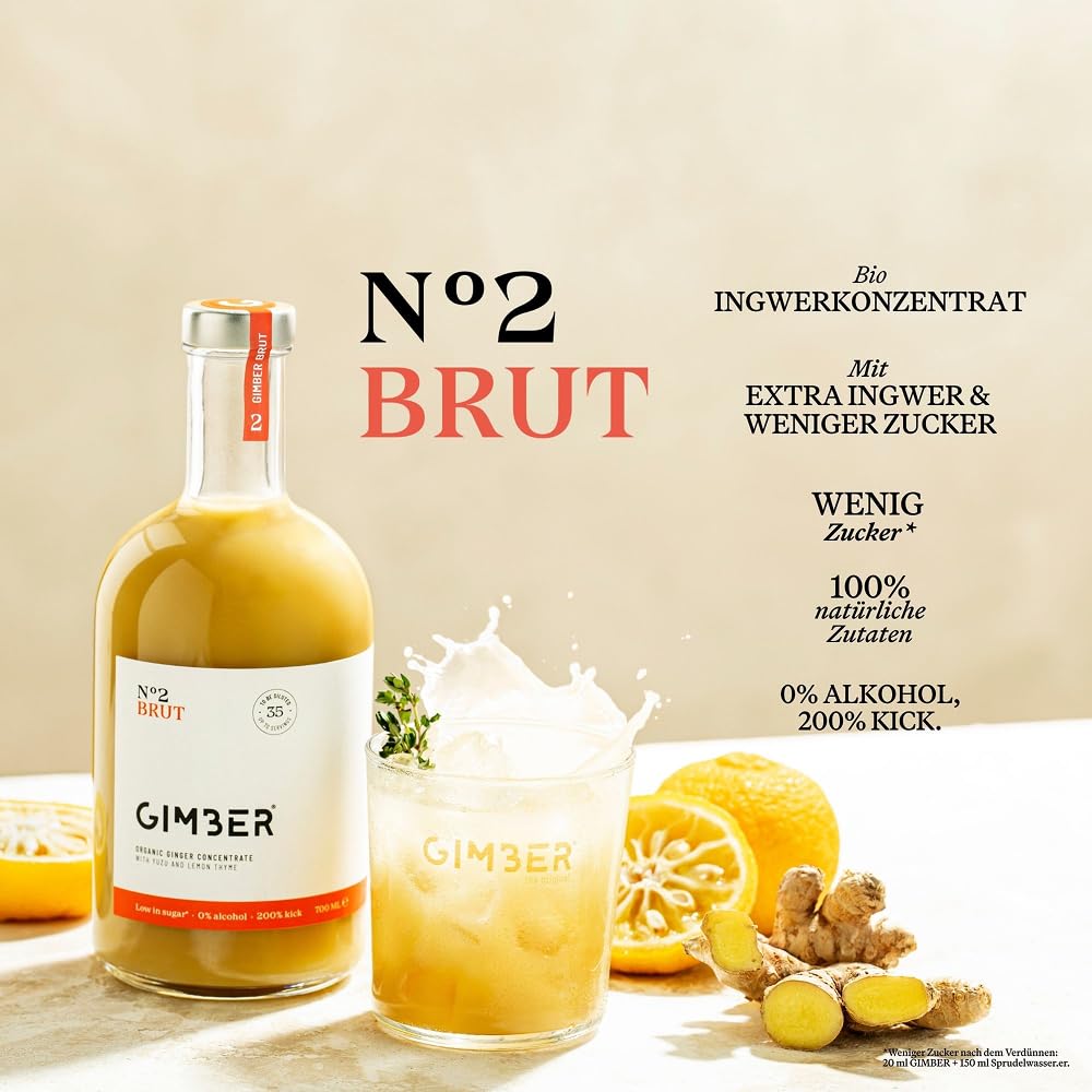 GIMBER N°2 700ml Brut | Biologisches Ingwerkonzentrat mit 50% weniger Zucker Alkoholfreier Ingweressenz aus Ingwer, Yuzu Frucht & Zitronenthymian 100% natürlich, vegan & ideal für Getränke & Cocktails