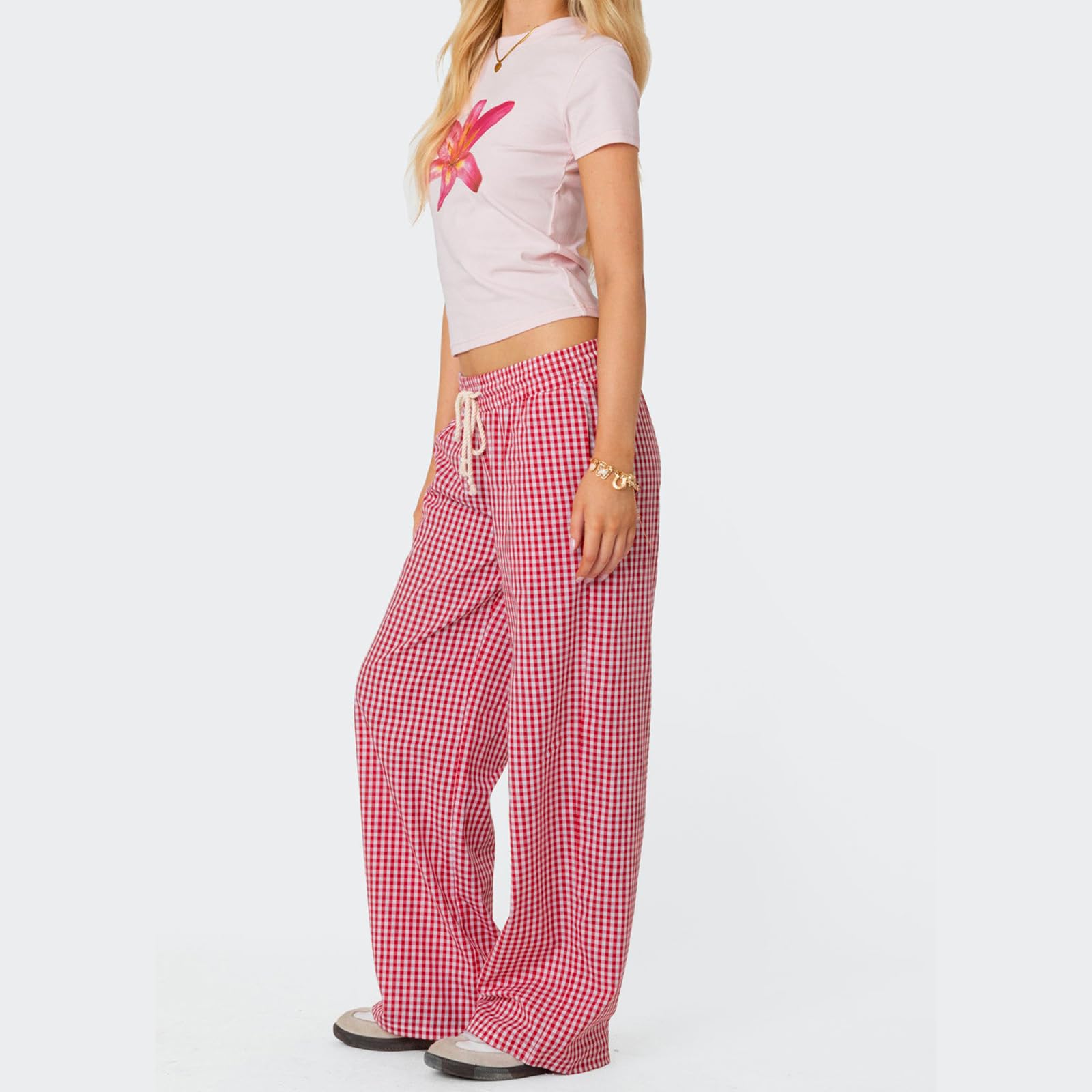 Sexy Outfit Pantalon de Salon à Jambes Larges pour Femmes, Confortable, Taille élastique, Baggy, à Carreaux, Palazzo, Ample, Cordon de Serrage, avec Poche