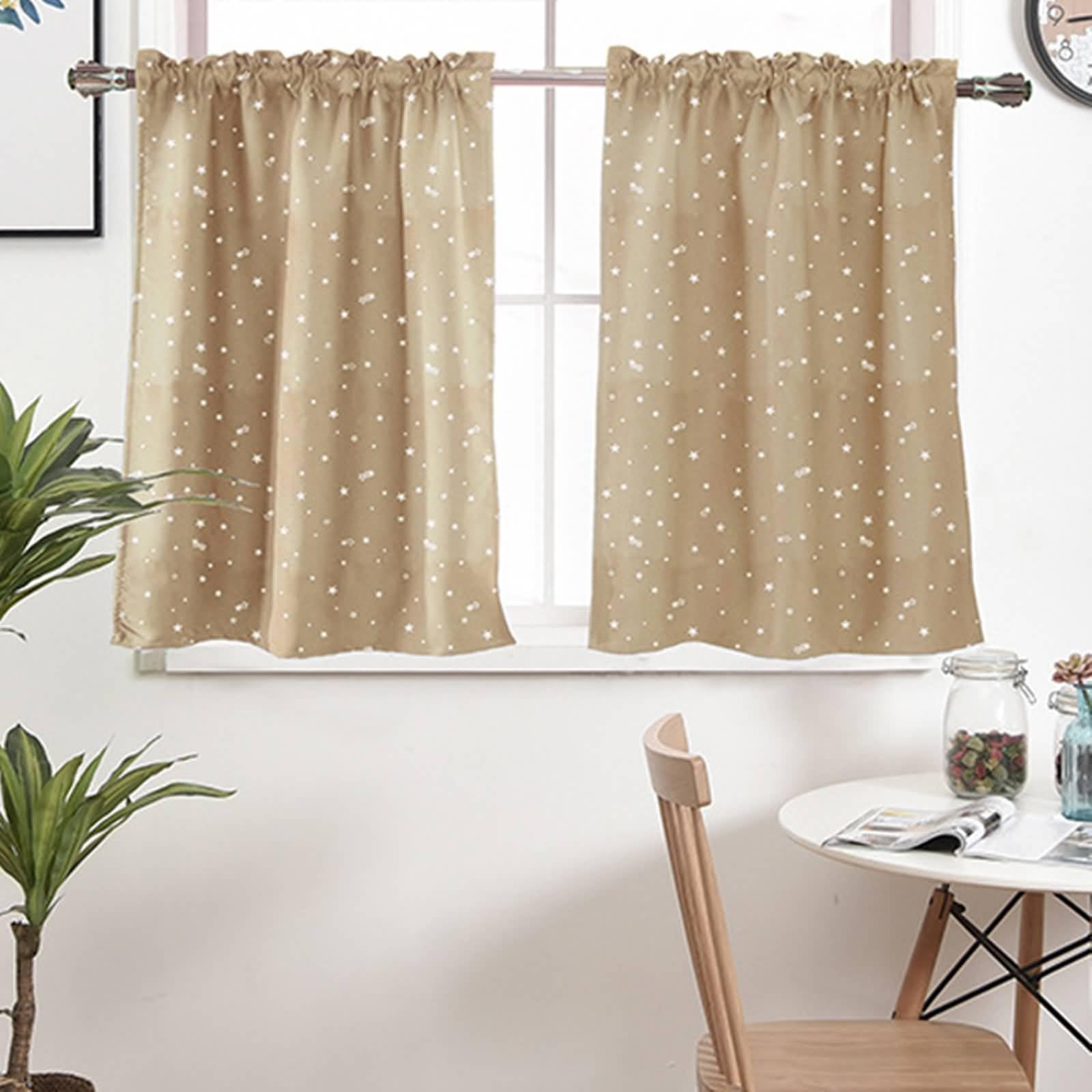 Gardine Verdunkelnd Thermo, 2 Stück Stangentasche Kurz Gardinen Küche Fenster Vorhänge Wohnwagen Sternmuster aus PolyesterKhaki, 74x90cm