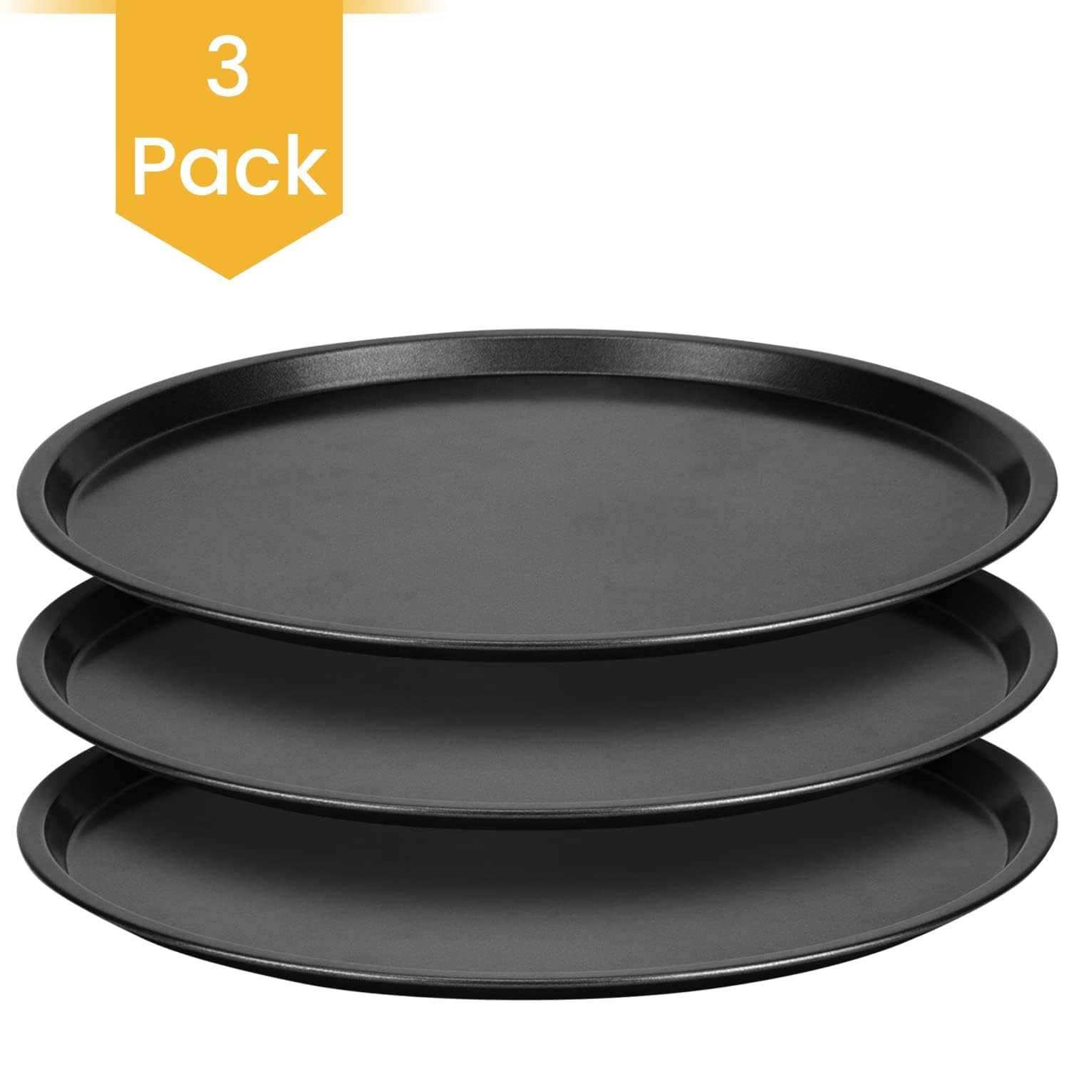 DecorRack Bandeja de pizza de acero al carbono de 13 pulgadas, revestimiento antiadherente de grado comercial, bandeja de servir, bandeja redonda resistente para horno (paquete de 3)