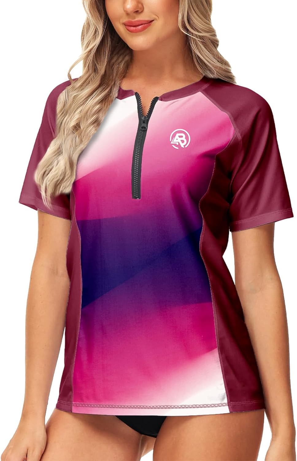 AOBUTE Women Zip Rash Guard UPF 50+ Gradient Short Sleeve Swim Top Surf Shirts