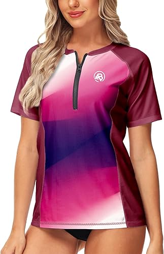Miniatura 6 de AOBUTE Camiseta de surf con cremallera de manga corta con gradiente UPF 50+ para mujer