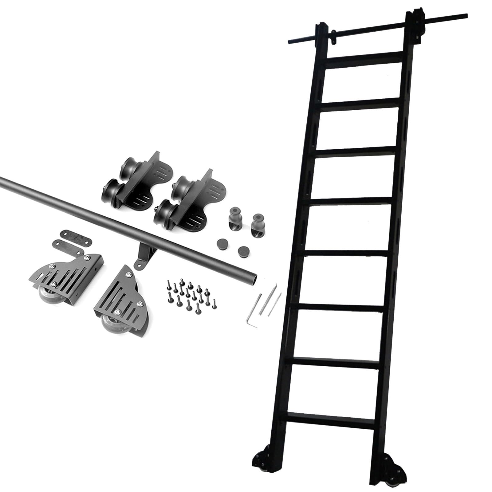 DFGHNBVC Rolling Library Ladder Hardware Kit, Retractable Rolling Ladder Track Kit 3.3Ft-20Ft Round Track/Rail Rustic Black Mobile Ladder Track, W/Floor Roller Wheels,16Ft/500Cm Track Kit