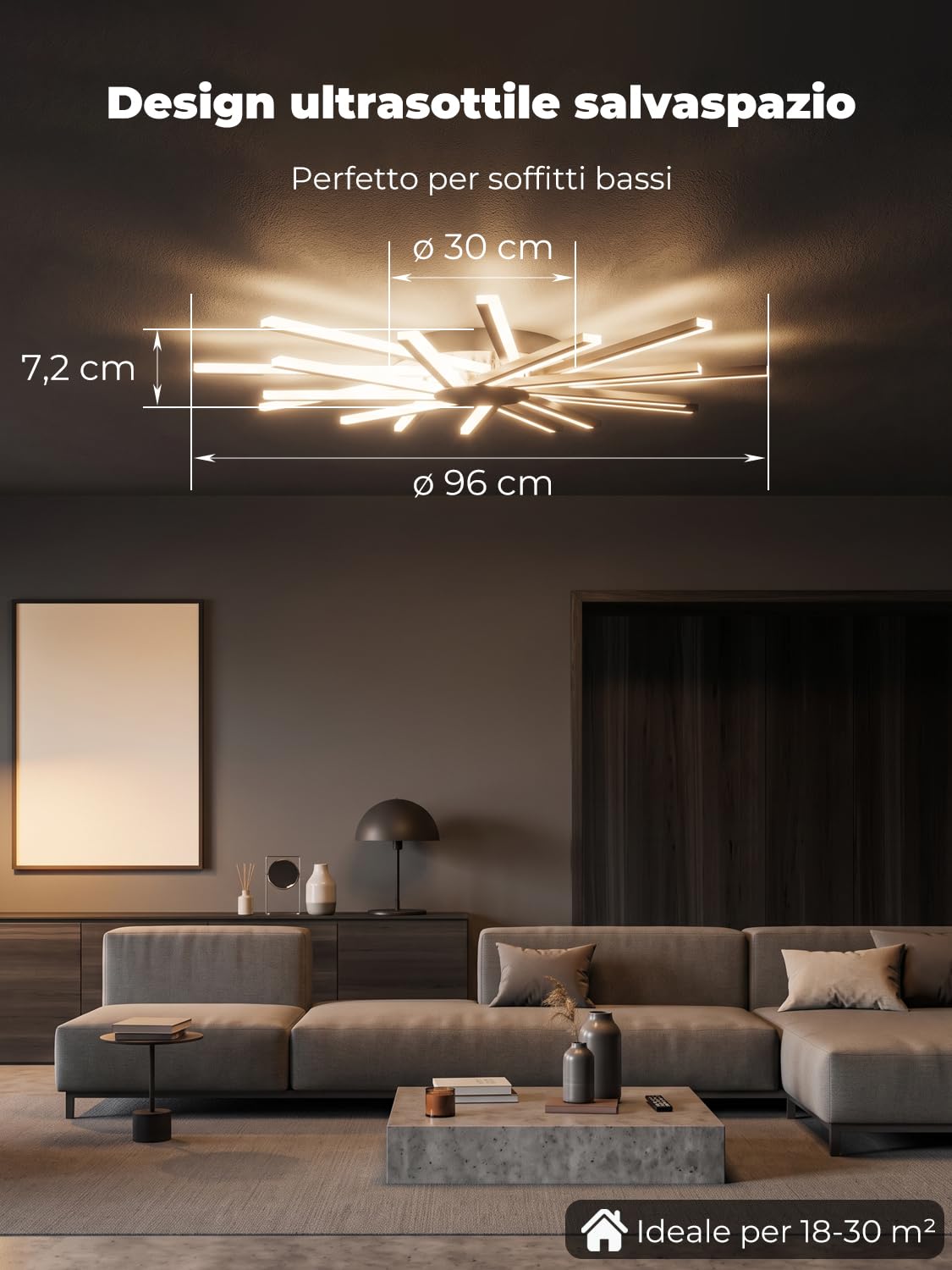 Φ96cm Lampadario Soggiorno Grande, Plafoniera Led Soffitto Moderno, Lampada da Soffitto con 18 Luci, Dimmerabile, Luce per Salotto con Telecomando, Funzione Memoria, Nero