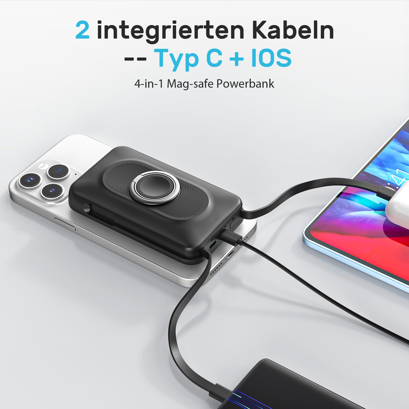 Power Bank Magnético 20000mAh Con Carga Rápida 22.5W Y 2 Cables Incorporados (Tipo-C/iOS) – Con Anillo Soporte