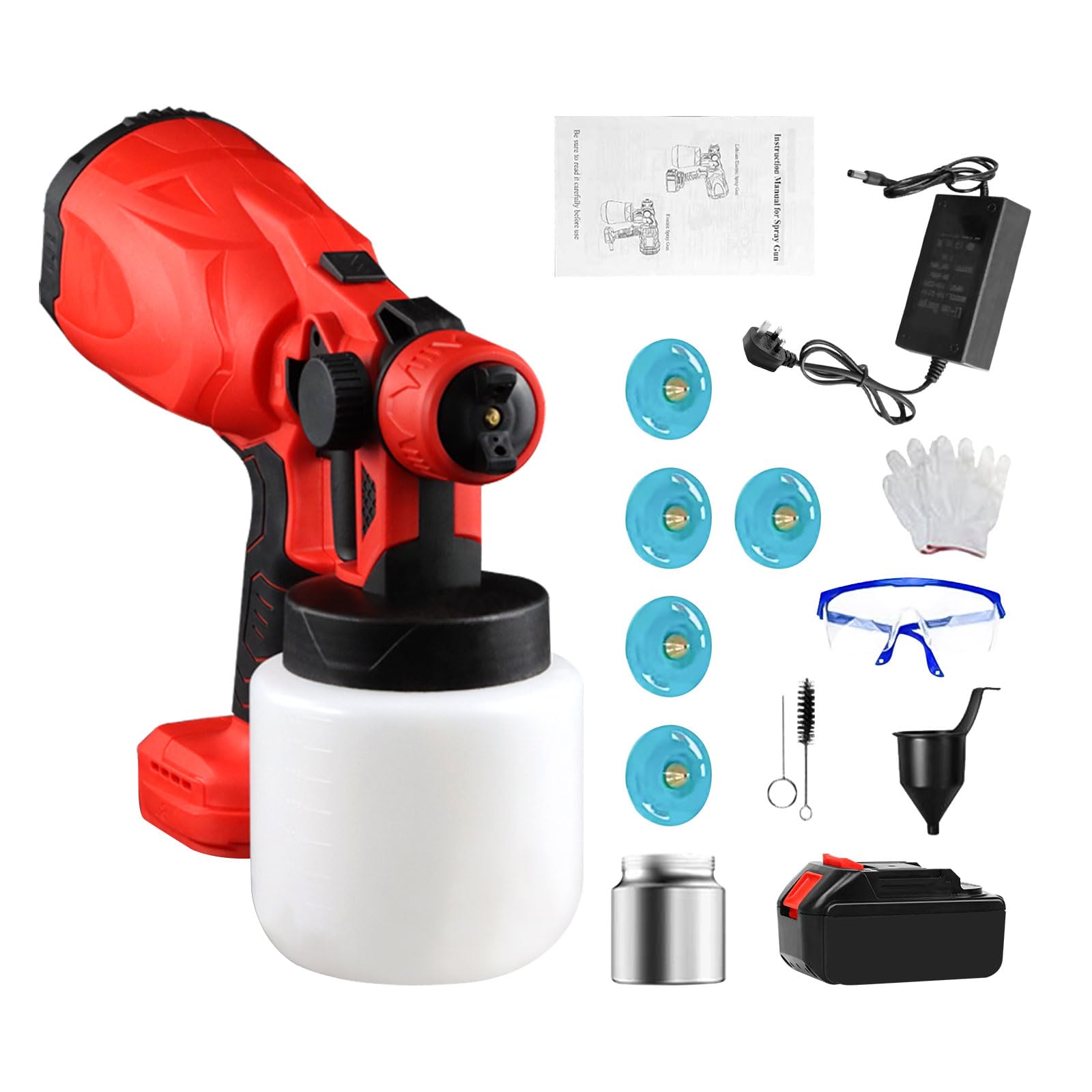 Pulverizador de pintura inalámbrico con batería, pistola de pintura eléctrica HVLP de mano con 5 boquillas y 2 recipientes, pistola de pintura inalámbrica para paredes, vallas, bricolaje, casa