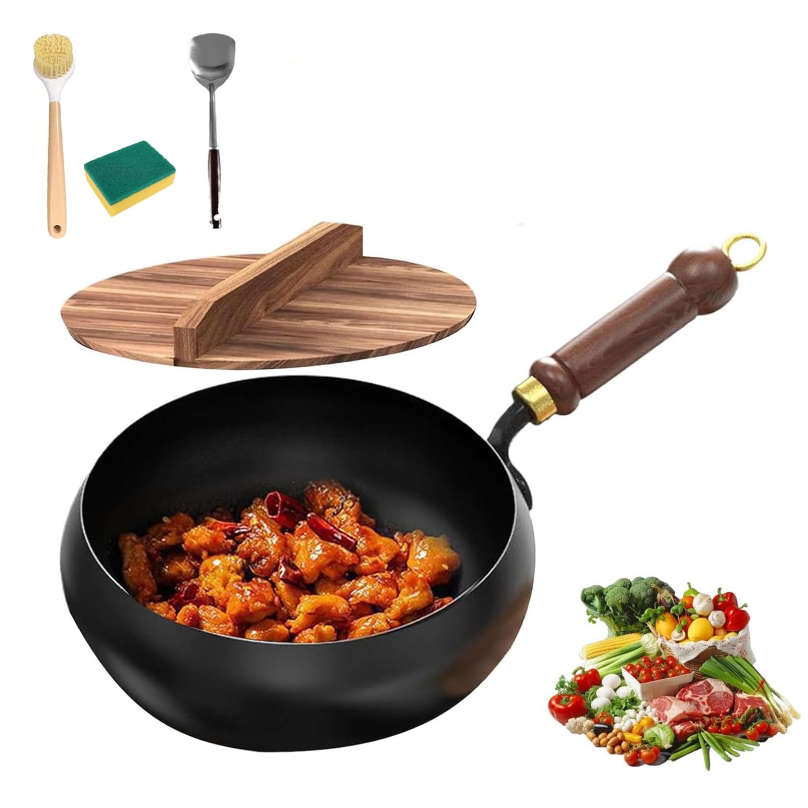 Japanese Iron Pan with Wooden Lid, Uncoated Cast Iron Frying Pan, Hand-Forged Cast Non Stick Pot for Induction Cookers and Gas Stoves (Hammered, 28cm)