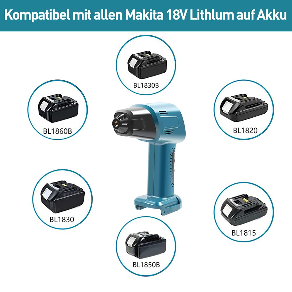 Battery Compressor Battery Air Pump Compatible with Makita 18 V Li-Ion LCD Display, LED Lamp, Tyre Pressure Display and 4 Nozzles, Electric Car Air Pump for Bike, Motorcycle, Car, Ball, Motorhome