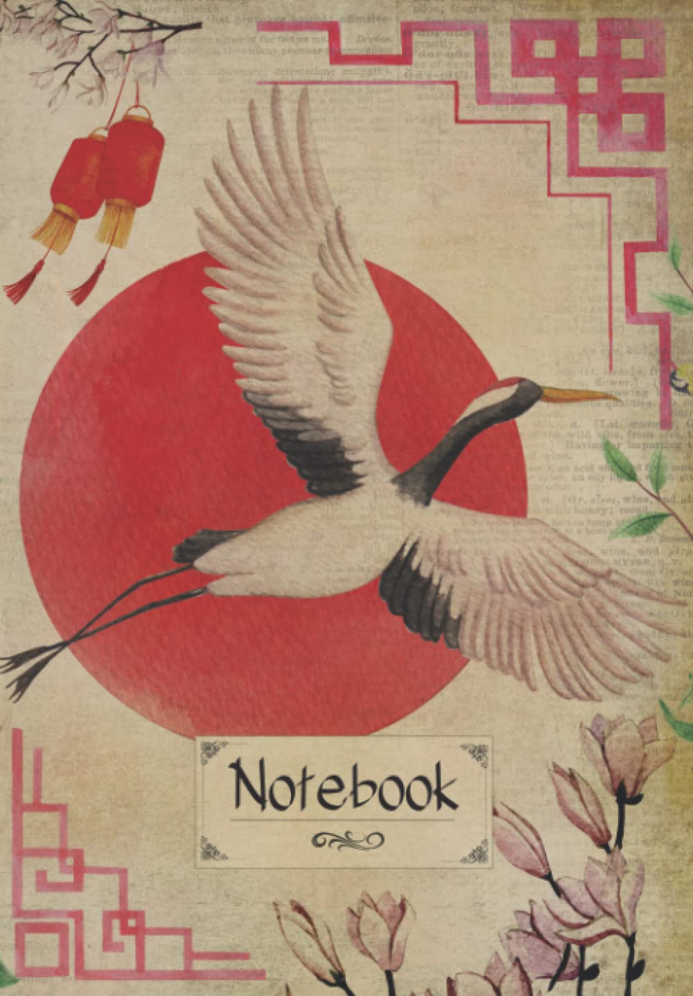 Notebook: Unique Chinese crane notebook. Watercolor Vintage style oriental crane gifts. Asian vintage traveler's notebook.