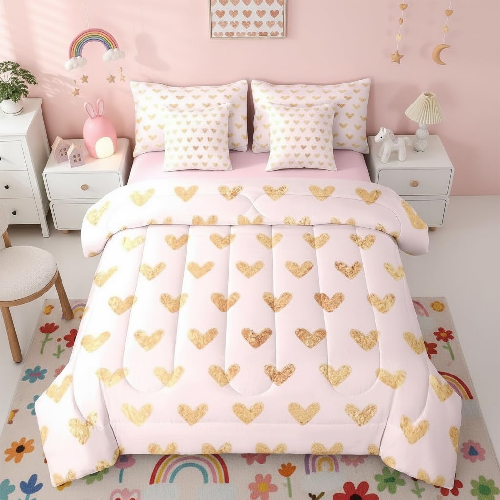 Erosebridal Cute Heart Pattern 7 Piece Comforter Set Twin Bed in A Bag Gold Pink Bedding Set for Girls Kids Valentine Love Geometric Sheet Set with Comforter Love Heart Duvet Insert