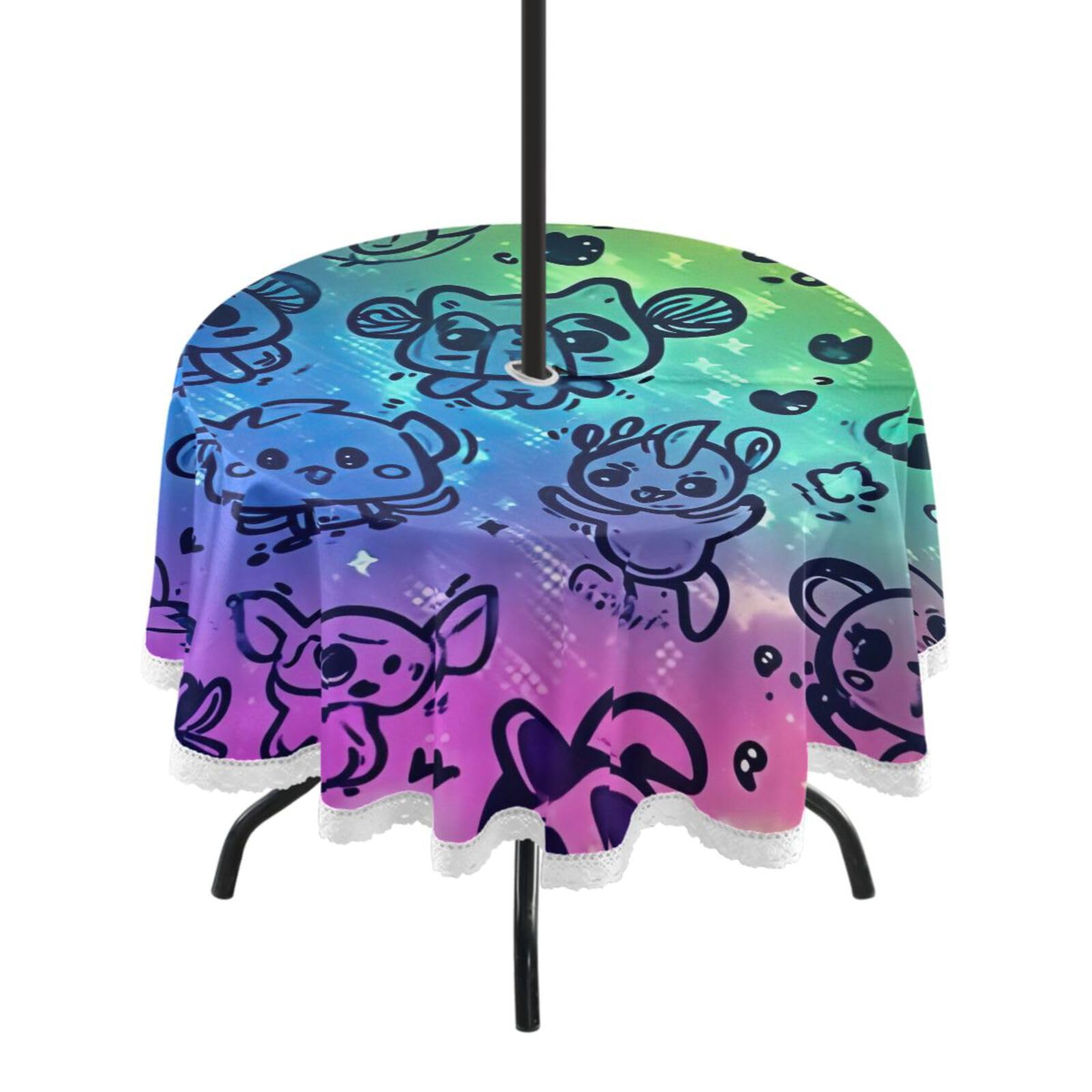 Wajiw 60 Inch Indoor Outdoor Round Tablecloth with Umbrella Hole and Zipper Waterproof Patio Table Cover for Camping Dining Room Party Outdoor Picnic,Cute Animals