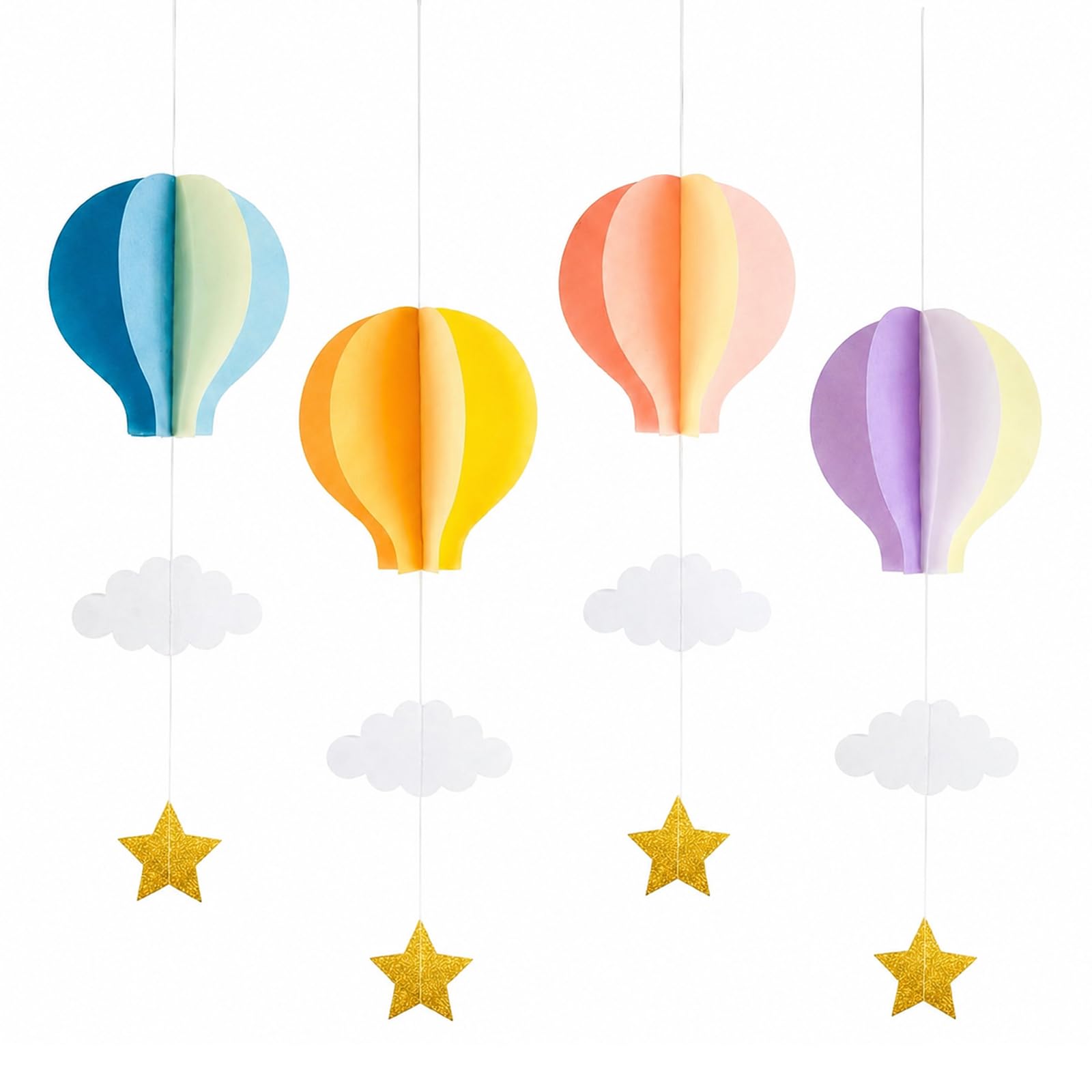 Bolosa 3D Hot Air Balloon Hanging Decorations, 4 Pcs Pastel Paper Ceiling Decorations 61.5 cm Long, Cloud and Gold Star Party Decor for Kids Birthday, Baby Shower, Nursery & Photo Backdrop