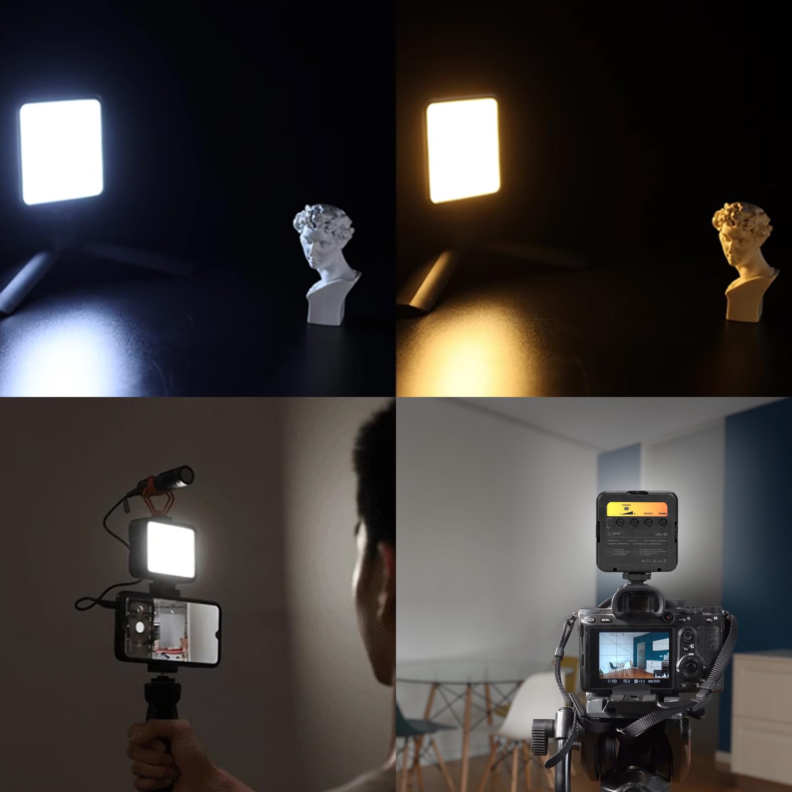 TARION Lampe vidéo LED pour caméra - Mini éclairage de caméra Portable Bicolore sur caméra vidéo à intensité Variable 2500-7000K 1800mAh Lampe de vlogging Rechargeable avec 3 Lampes Froides LPL-01