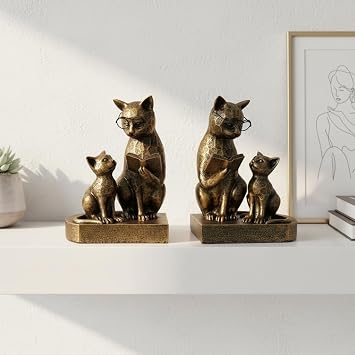 LIFFY Cat Decorative Bookends, 7 Resin Non Skid Book Ends for Heavy Books, Parent-Child Cats Figurine Collectibles with Eye Glasses for Shelf to Hold Books, Whimsical Cat Decorations for Cats Lovers