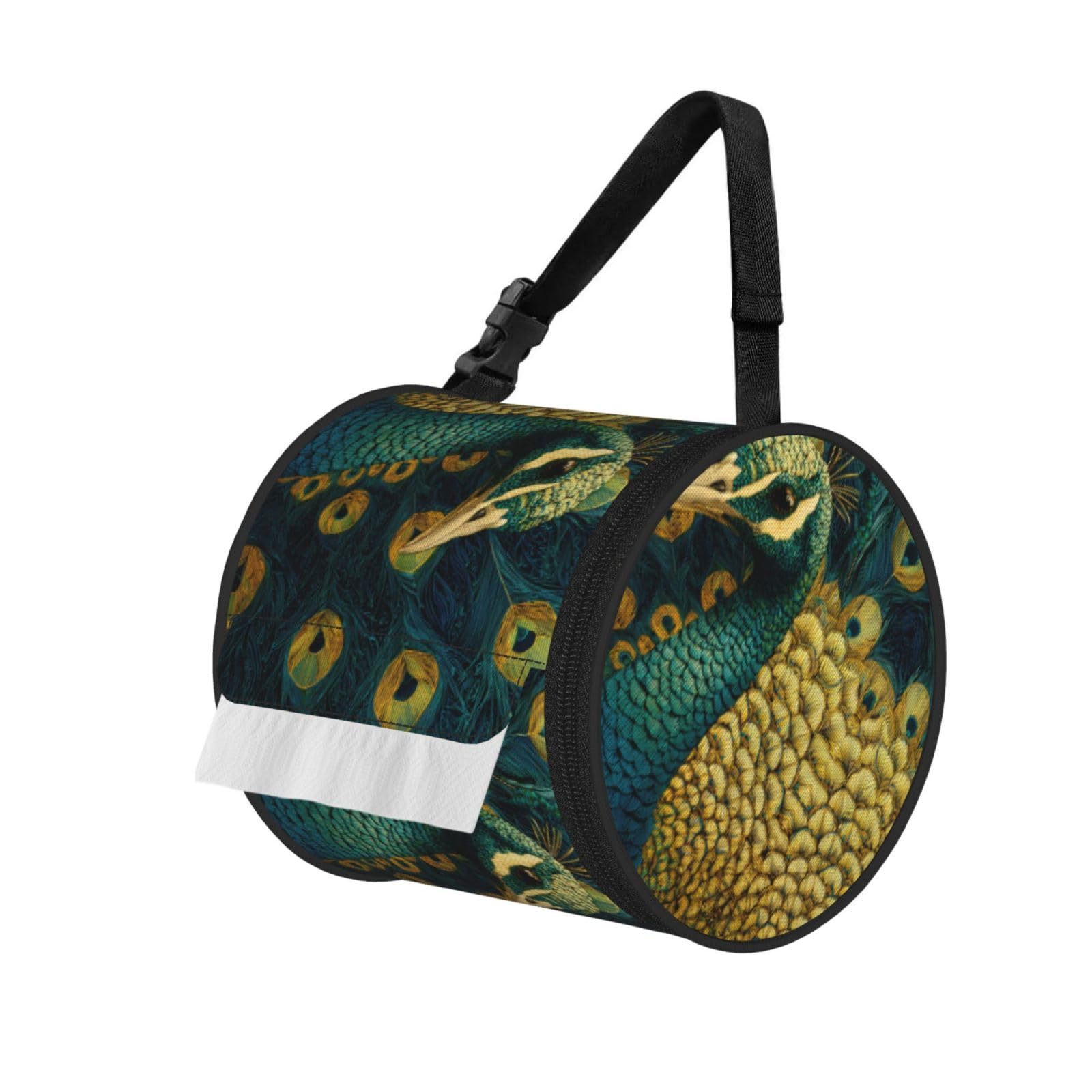 Beautiful Peacock Printed Cylindrical Tissue Bag Portable Oxford Cloth, Foldable Travel Tissue Holder With Zipper And Adjustable Belt