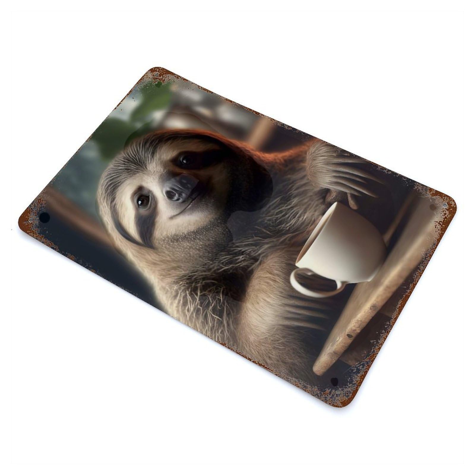Weathered Tin Sign with Morning Sloth Design 11.8"x7.9", for Basement, Hobby Room And Garage Decor, Industrial Home Decor