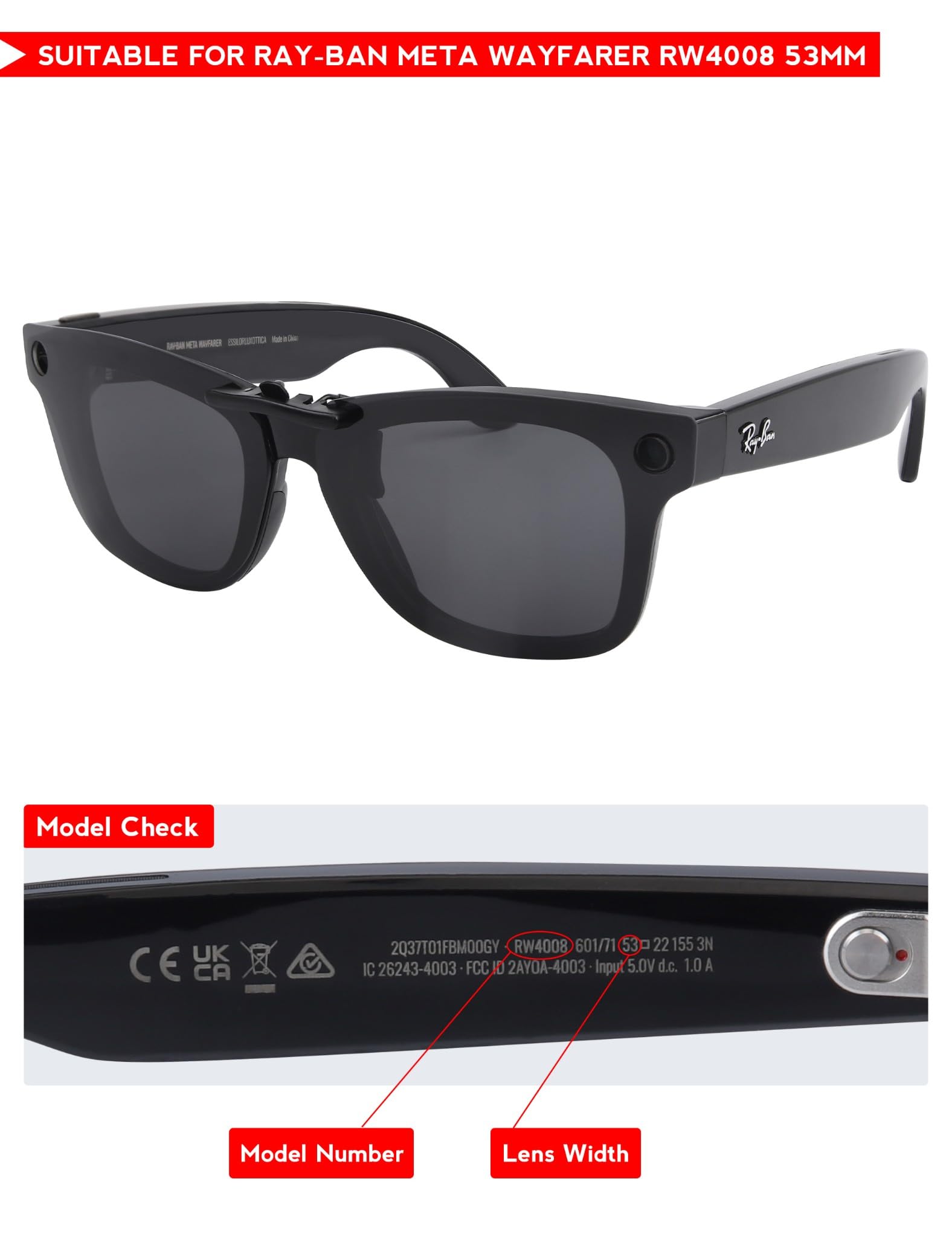 OOWLIT 4 lenti polarizzate di ricambio a clip compatibili con Ray-Ban Meta Wayfarer RW4008 (taglia 53-22), polarizzate